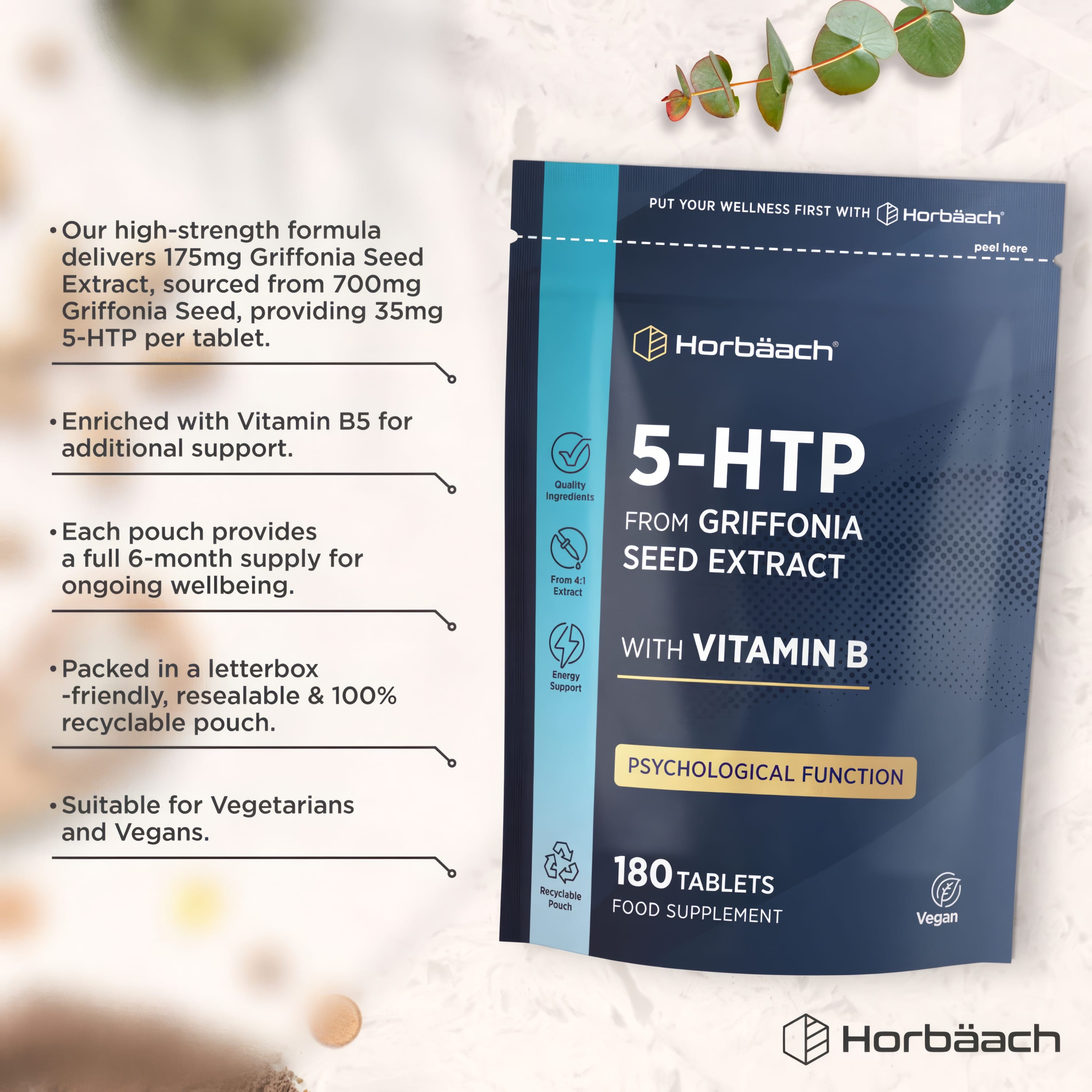 Horbäach 5-HTP 700mg from Griffonia Seed Extract with Vitamin B in a pouch containing 180 vegan tablets, a food supplement.