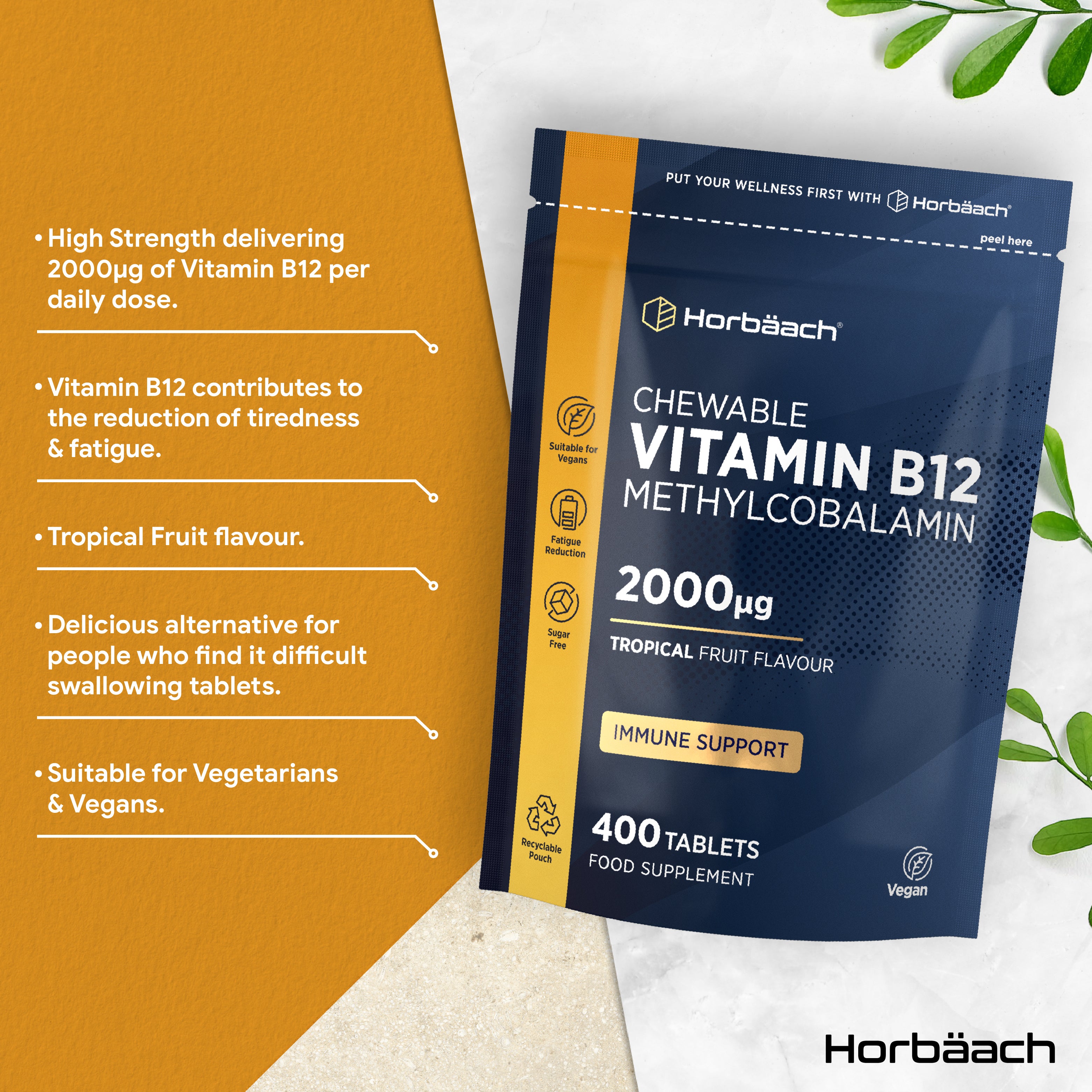Chewable Vitamin B12 Methylcobalamin 2000µg with tropical fruit flavor, 400 tablets.