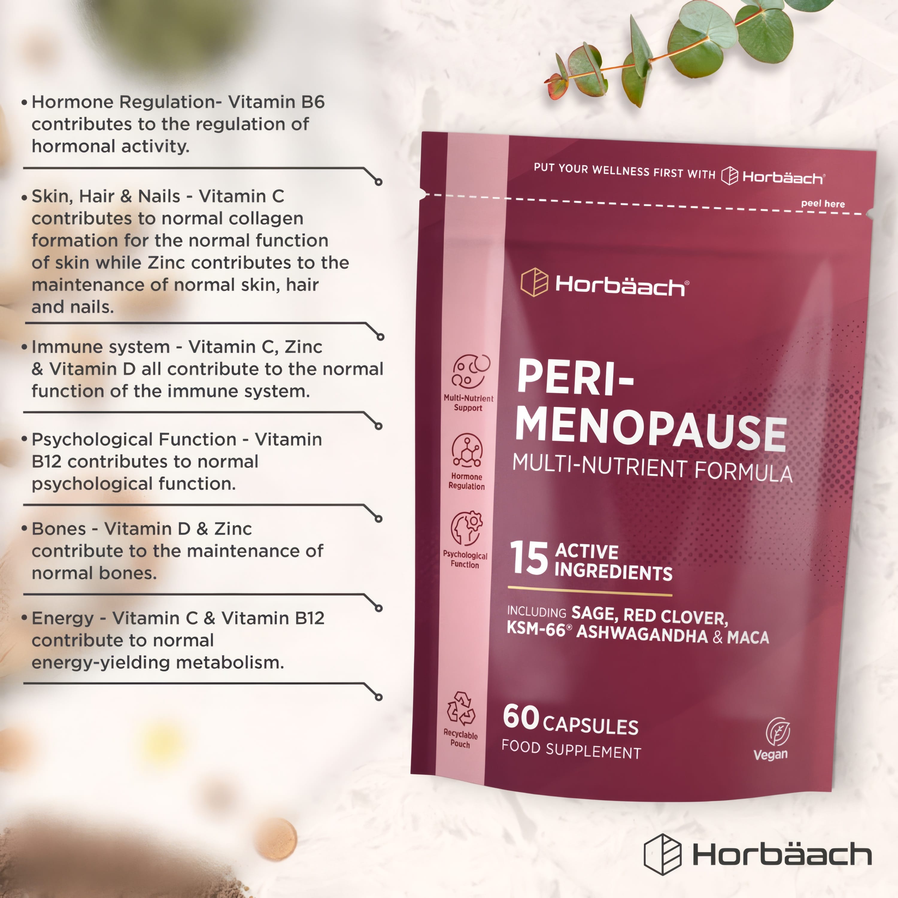 Product highlights graphic stating Hormonal (B6), Skin/Hair/Nails (C & Zinc), Immune (C, Zinc, D), Mental (B12), Bones (D & Zinc).