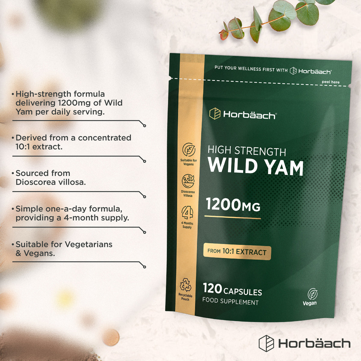 Product highlights graphic stating 1200mg Wild Yam daily, 10:1 extract, Dioscorea villosa source, One-a-day, 4-month supply, Veg & Vegan.