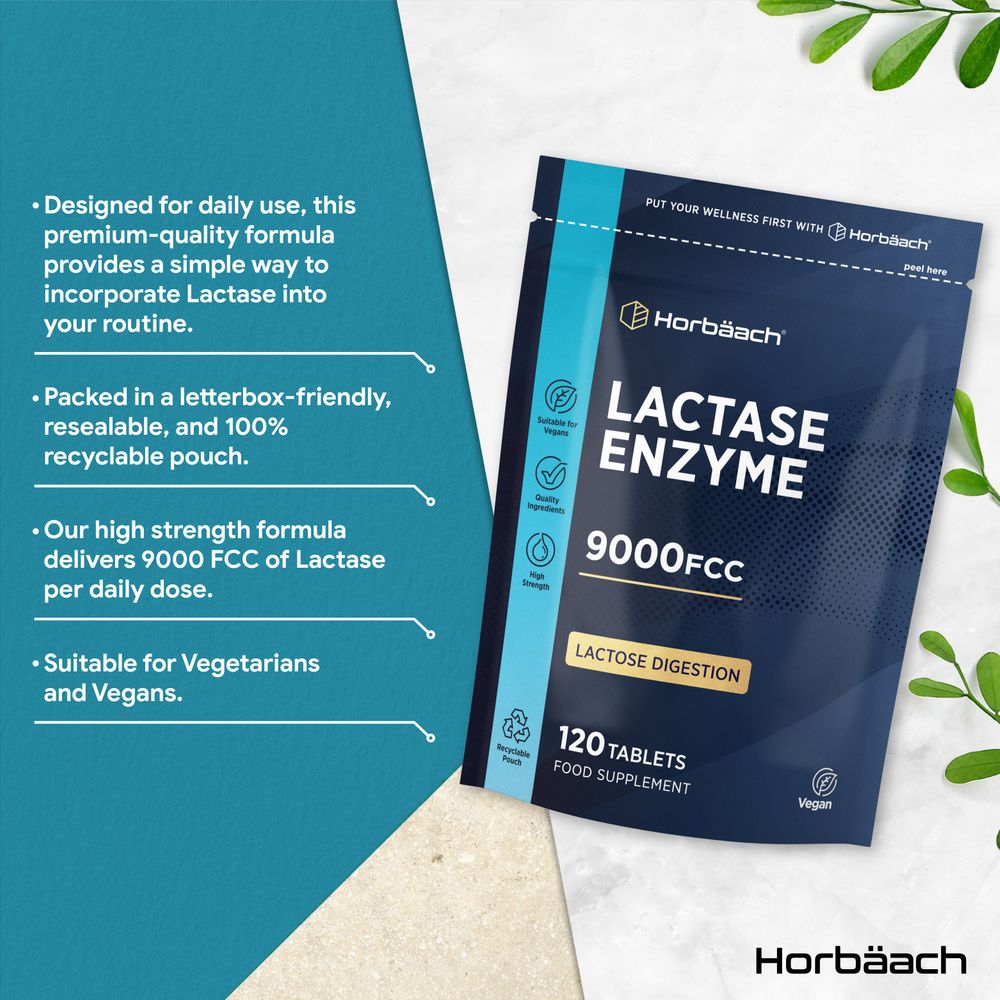 A hand holding Lactase Enzyme 9000FCC bottle containing 120 vegan tablets for lactose digestion support.