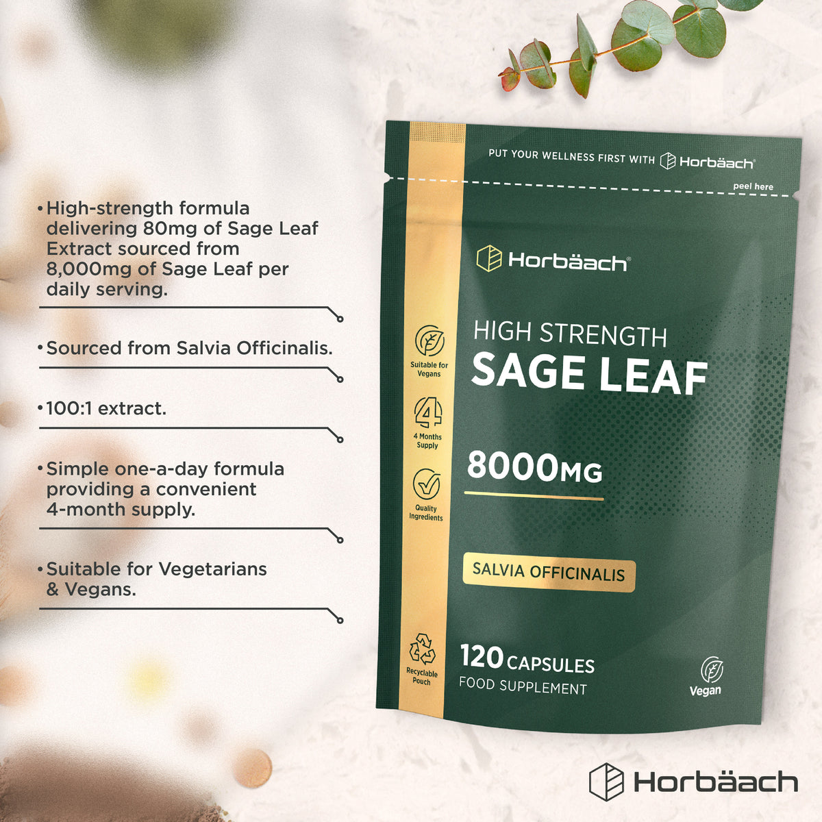 Horbäach High Strength Sage Leaf 8000mg, 120 capsules. Salvia Officinalis 100:1 extract, 4-month supply, vegan.