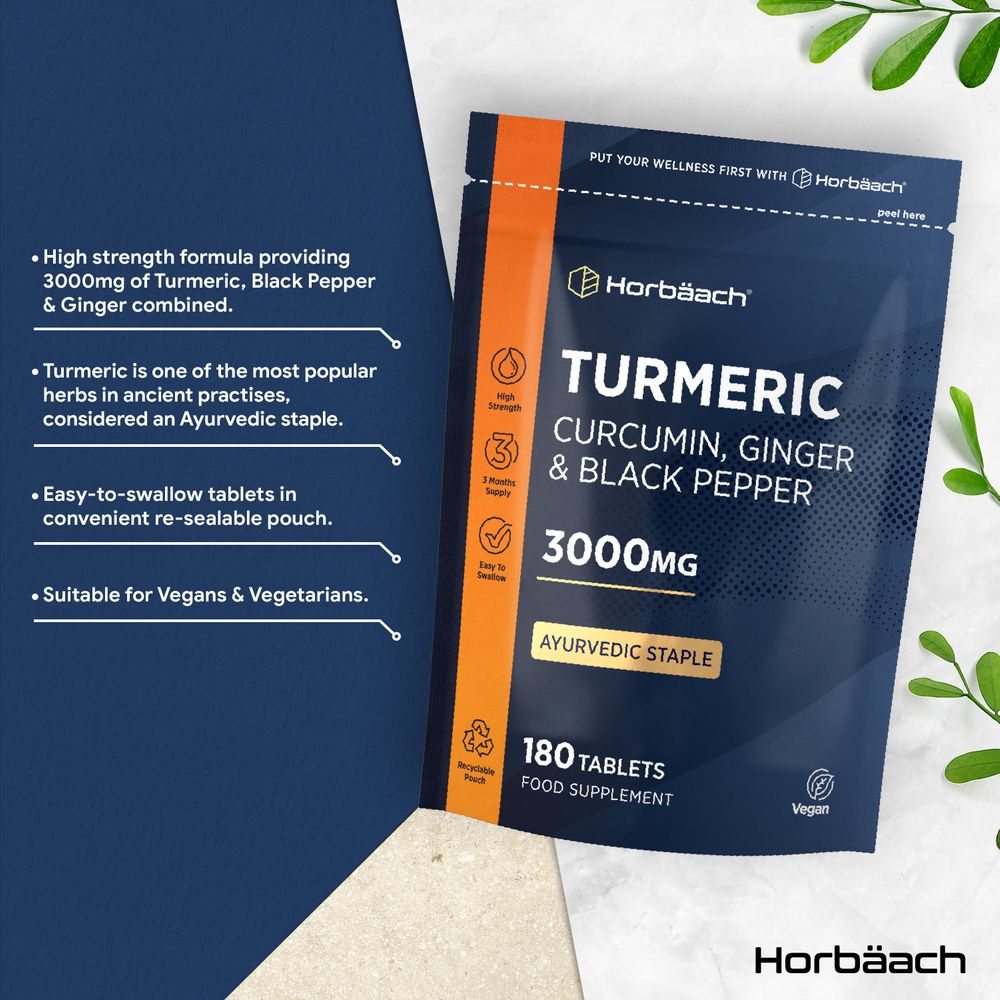 Horbäach Turmeric Curcumin, Ginger & Black Pepper 3000MG 180 Tablets, a vegan food supplement in a re-sealable pouch.