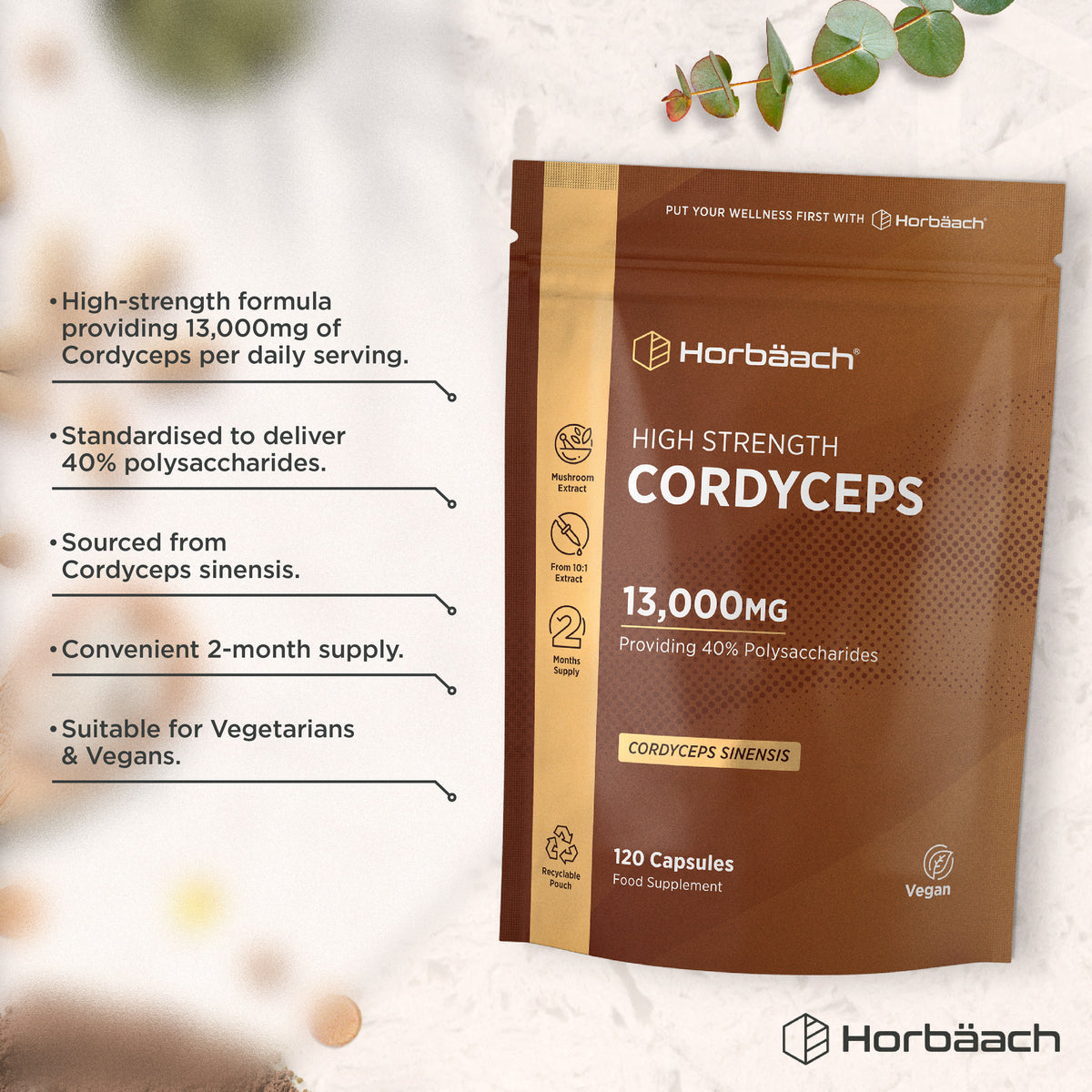 Product highlights graphic stating 13,000mg Cordyceps/serving, 40% polysaccharides, from Cordyceps sinensis, 2-month supply, vegetarian & vegan.