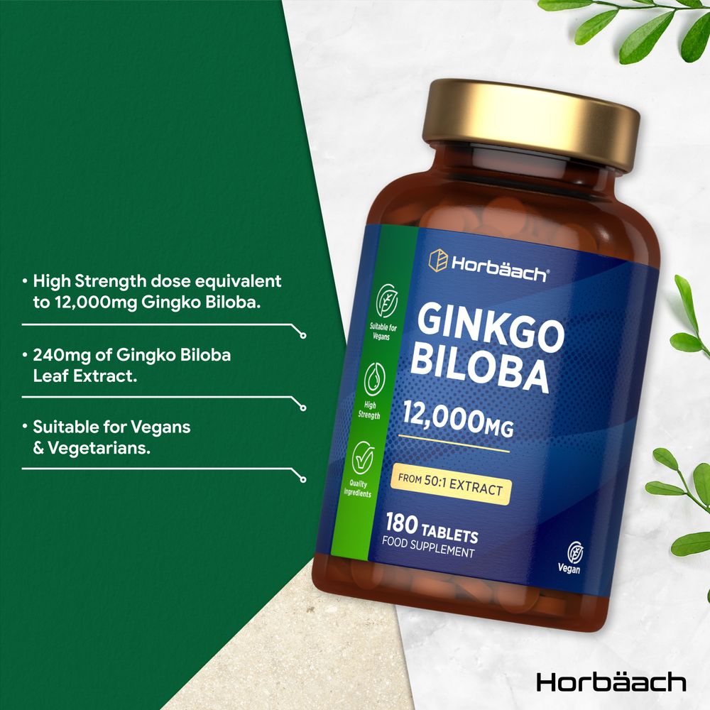 Ginkgo Biloba 240mg leaf extract, equivalent to 12,000mg, with 180 tablets in total.