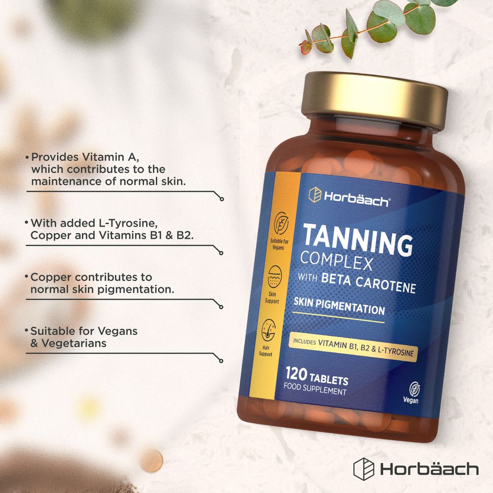 Horbäach Tanning Complex 120 Tablets bottle with several loose orange tablets scattered around.
