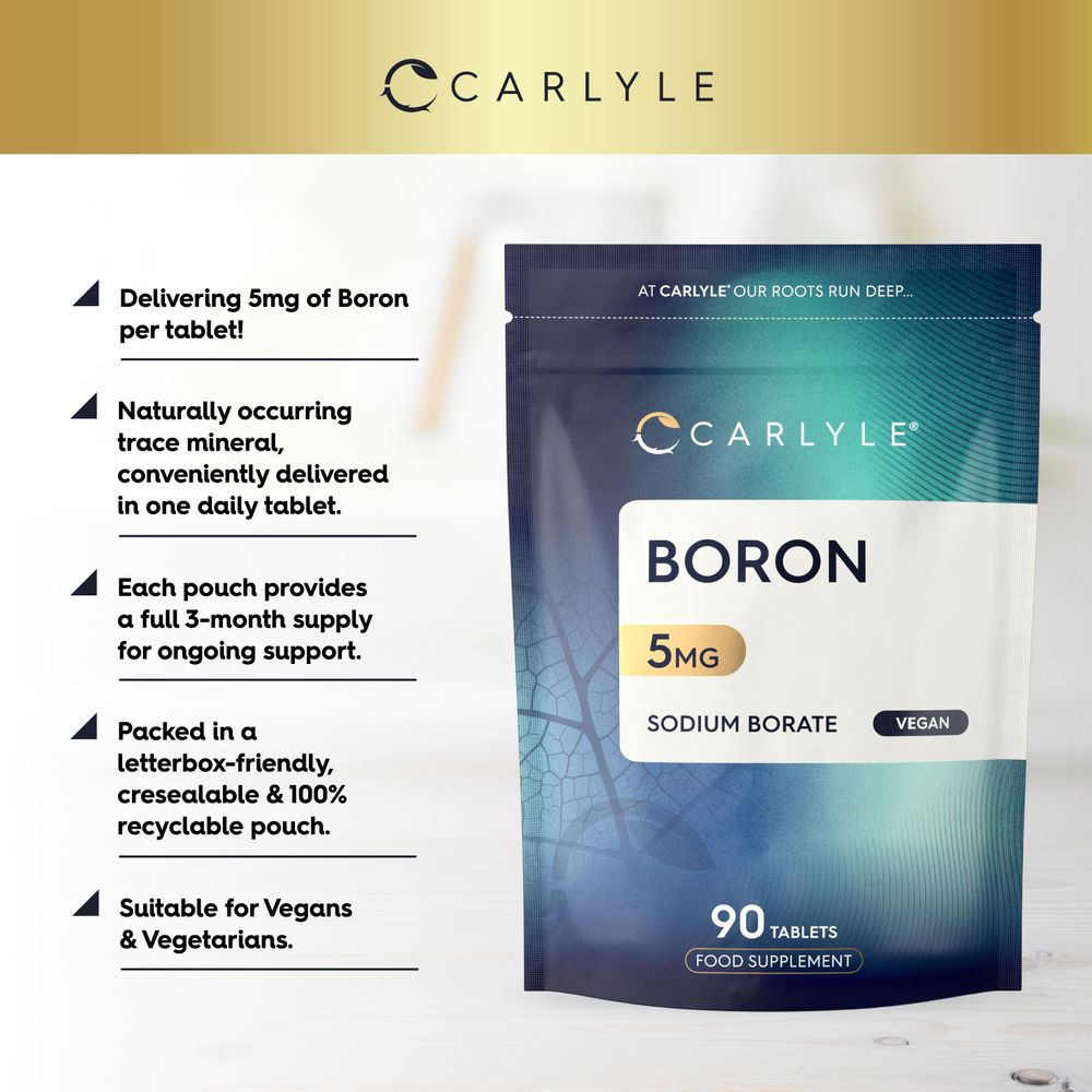 Package of 90 vegan tablets containing 5mg of boron, suitable for vegans and designed for easy daily supplementation.