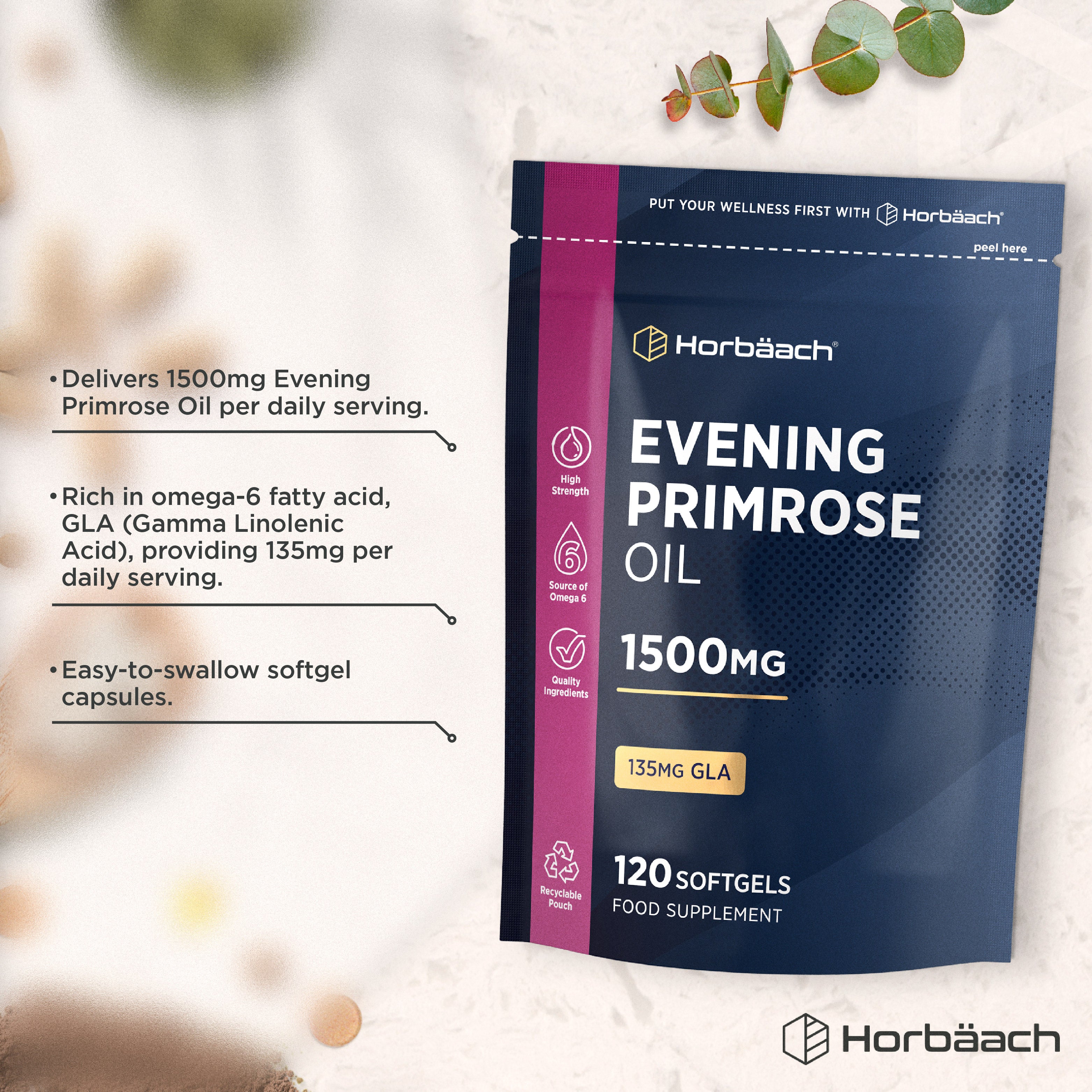 Evening Primrose Oil 1500mg with 135mg GLA in a 120 softgel supplement pouch.