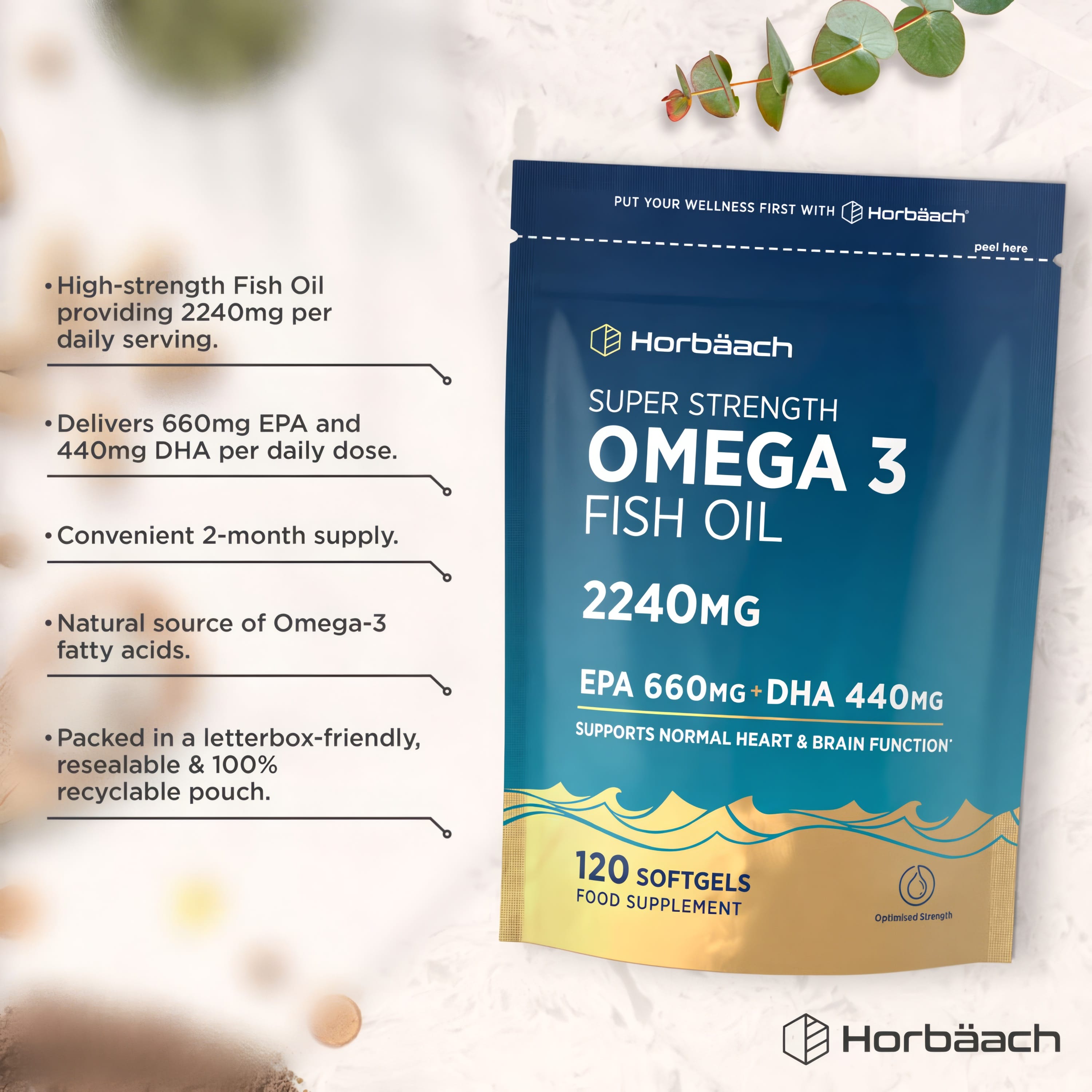 Product highlights graphic stating 2240mg Fish Oil daily, 660mg EPA + 440mg DHA, 2-month supply, Natural Omega-3, Recyclable pouch.