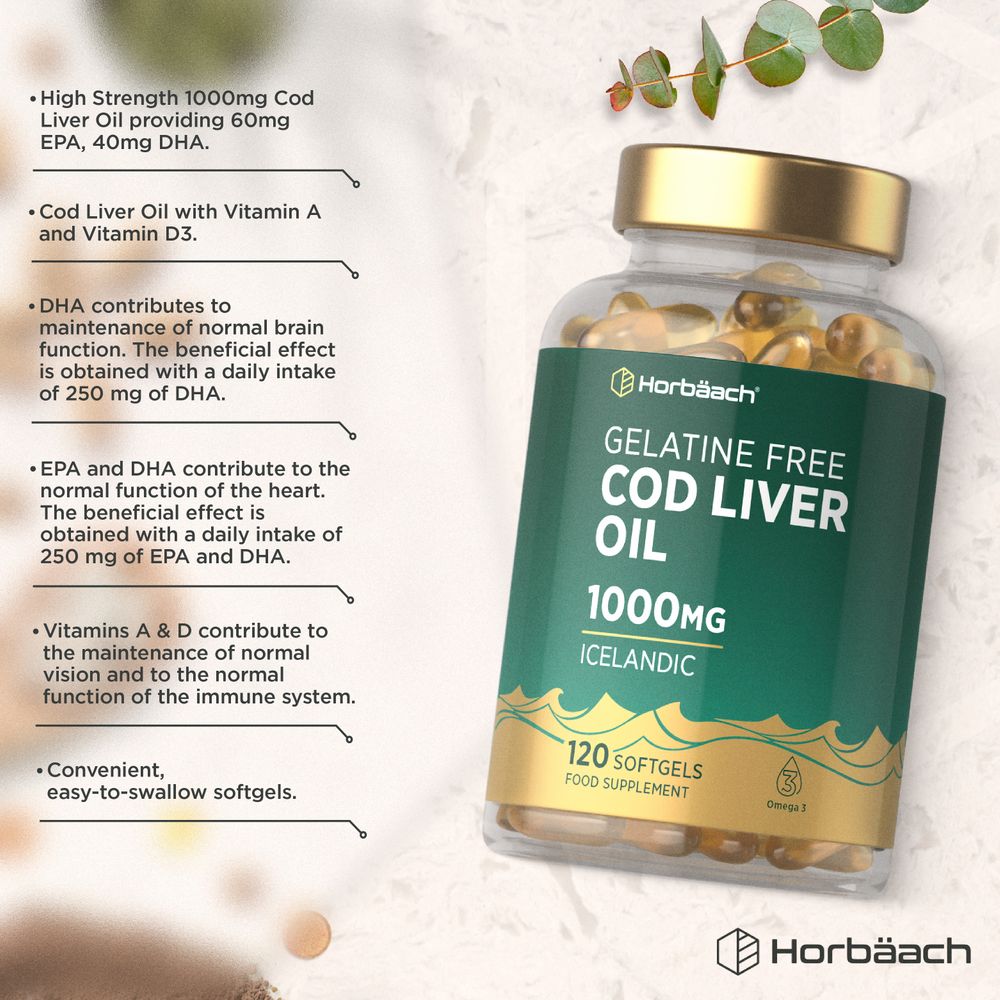 Cod Liver Oil Gelatine Free 1000 mg | 120 Softgels