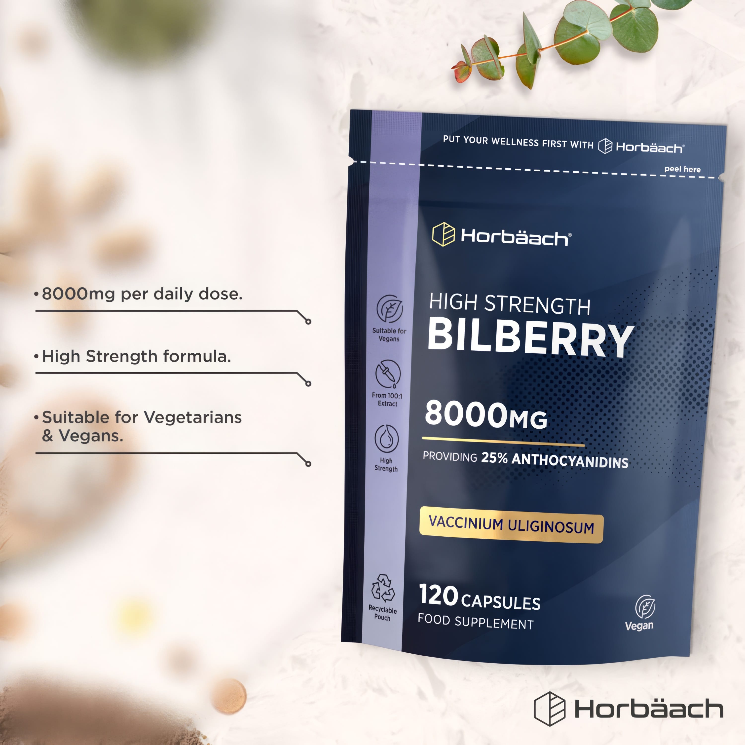HU Bilberry Extract 8000mg with 120 vegan capsules, offering 25% anthocyanidins from 100:1 extract, a high-strength formula.