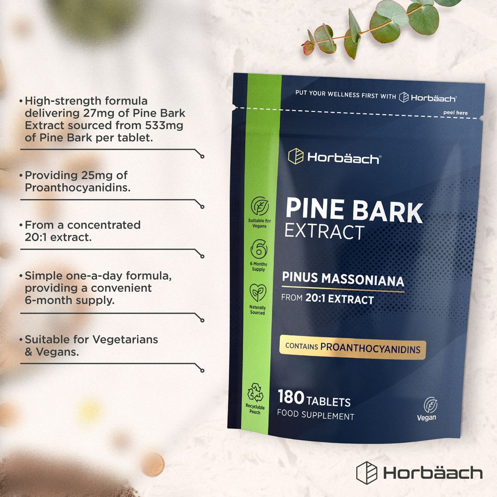Bottle of 180 tablets, each tablet containing 27mg of pine bark extract sourced from 533mg of pine bark.
