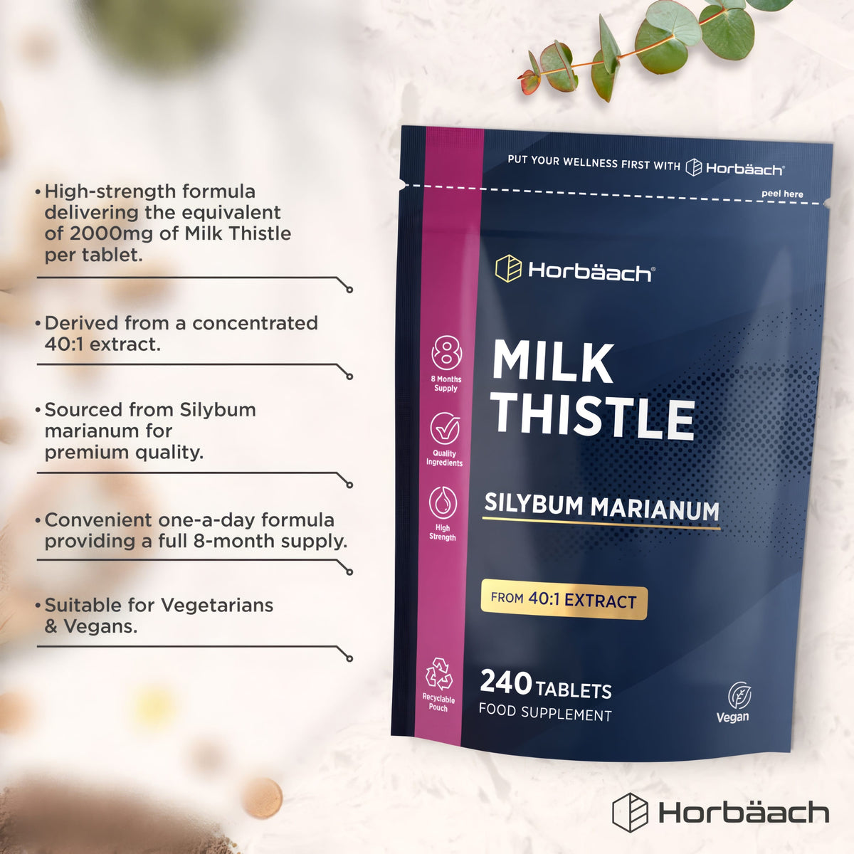 Product highlights graphic stating High-strength 2000mg Milk Thistle (40:1 extract), 8-month supply, suits Vegetarians and Vegans.