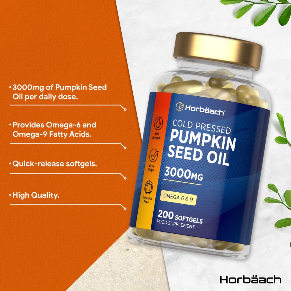 Hand holding bulk package of Pumpkin Seed 3000mg softgels, 200 count, indicating scale and quantity for supplement shopping.