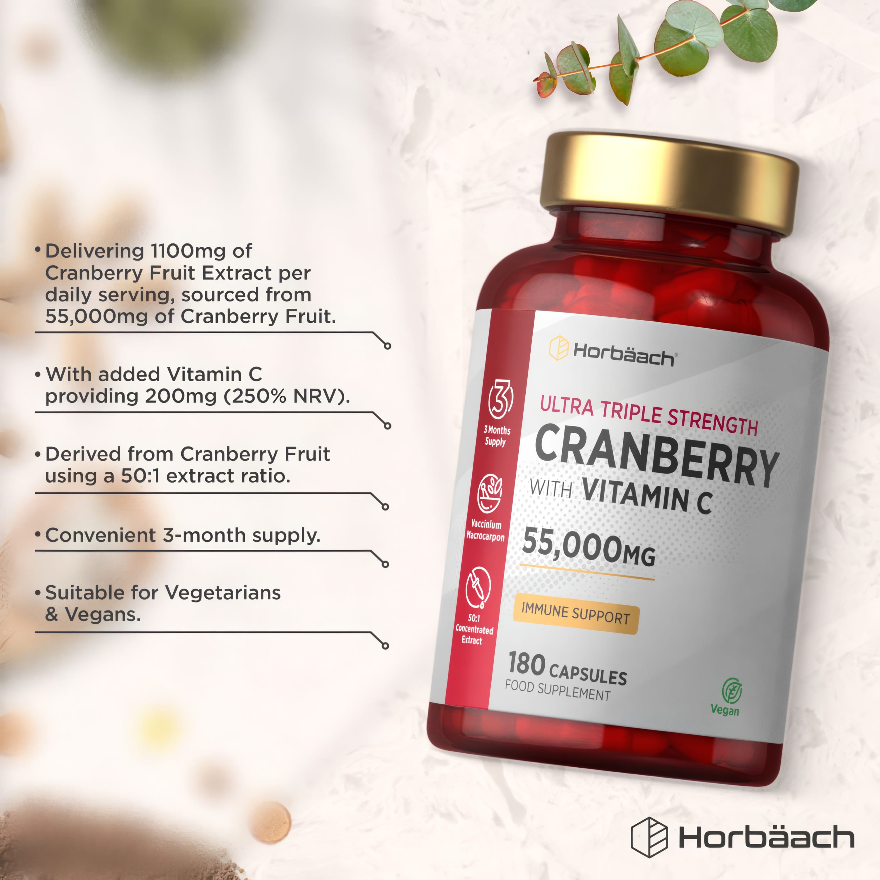 Product highlights graphic stating 1100mg Cranberry Extract (from 55,000mg), 200mg Vitamin C, 50:1 extract ratio, 3-month supply, Vegetarian.