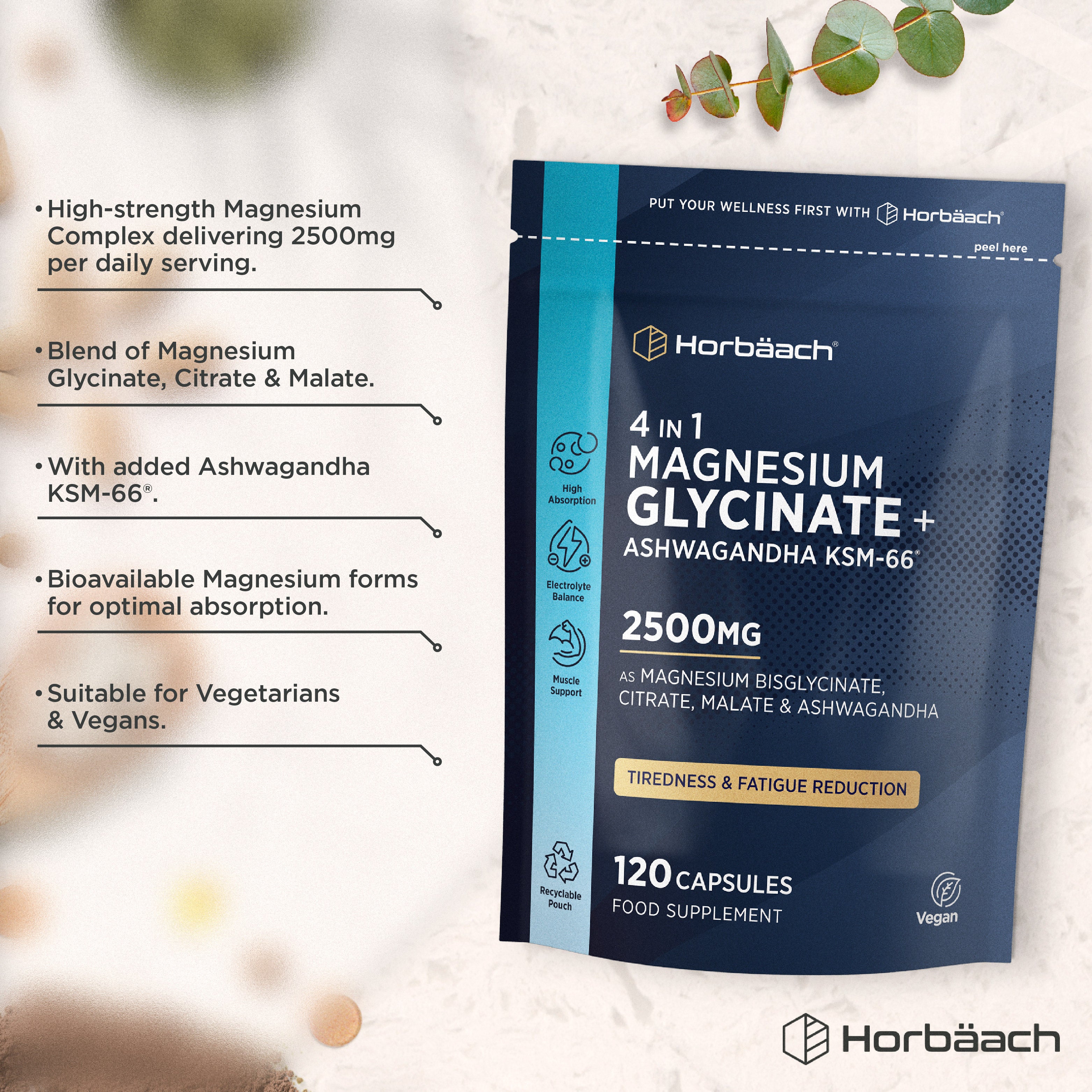 Horbäach 4-in-1 Magnesium Glycinate with Ashwagandha KSM-66, 2500mg per serving, 120 capsules supplement pouch.