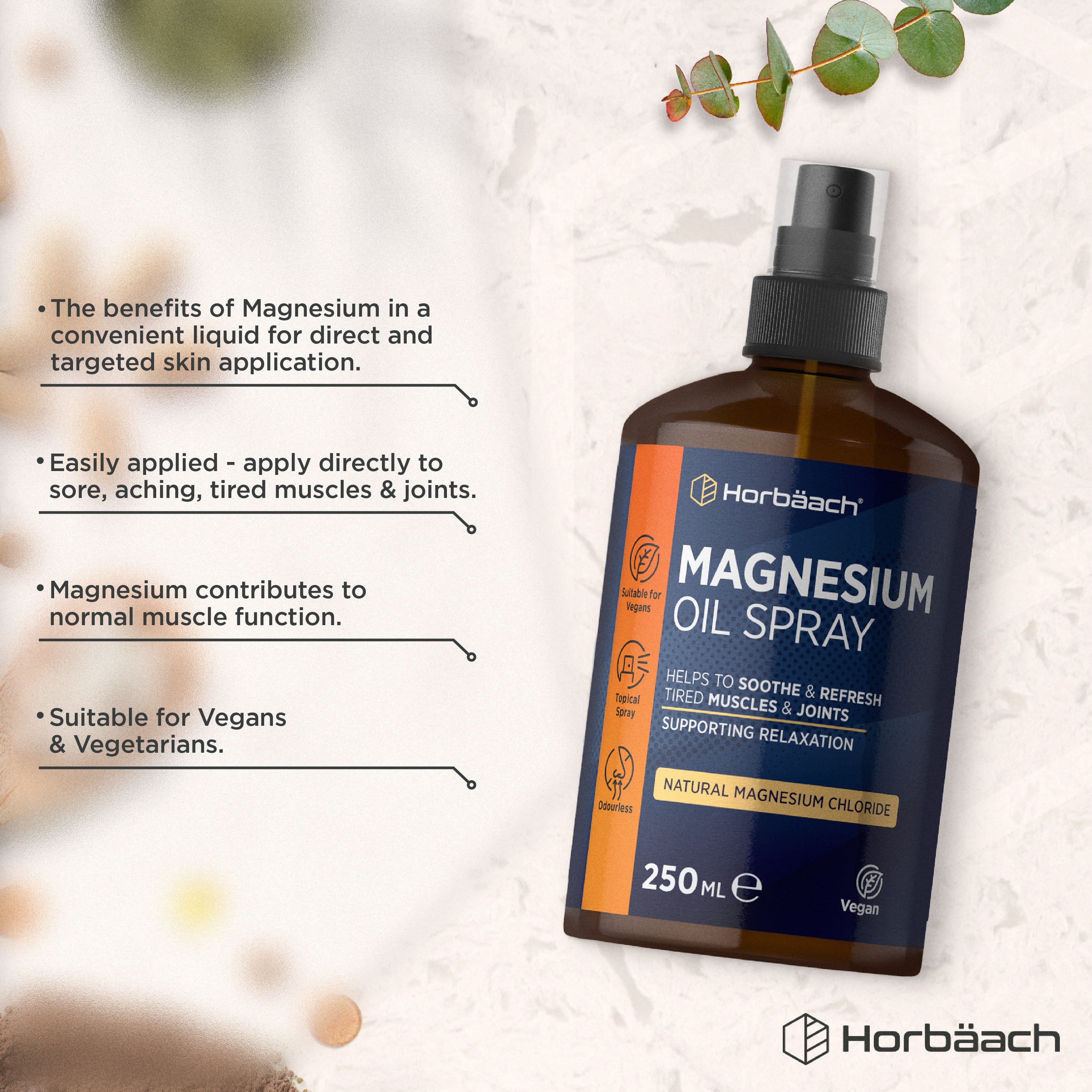 Product highlights graphic stating Magnesium benefits, liquid for skin, Apply to sore muscles & joints, Magnesium for normal muscle function, Vegan & Vegetarian.