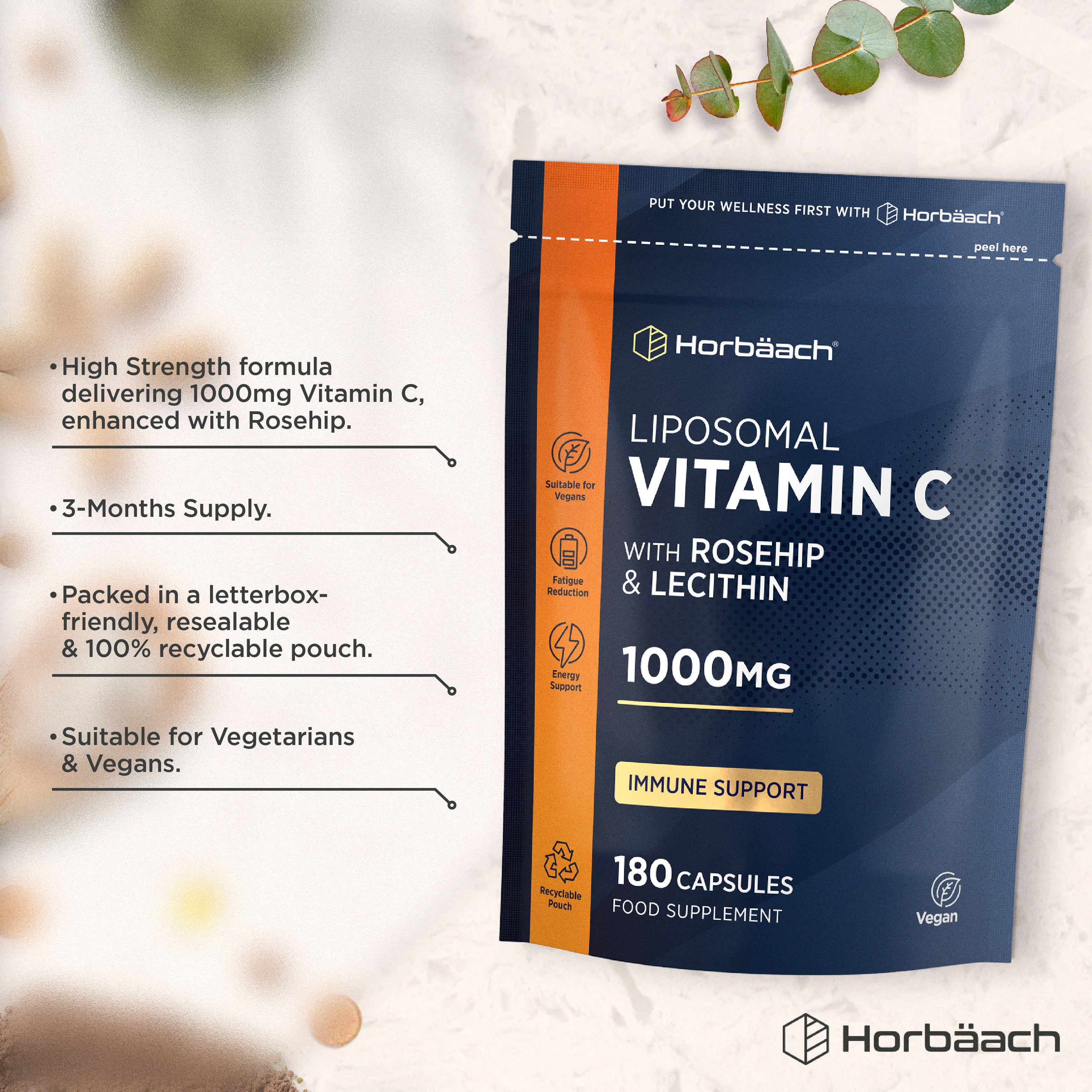 Horbäach Liposomal Vitamin C 1000mg with Rosehip and Lecithin, 180 Capsules. Immune support food supplement.