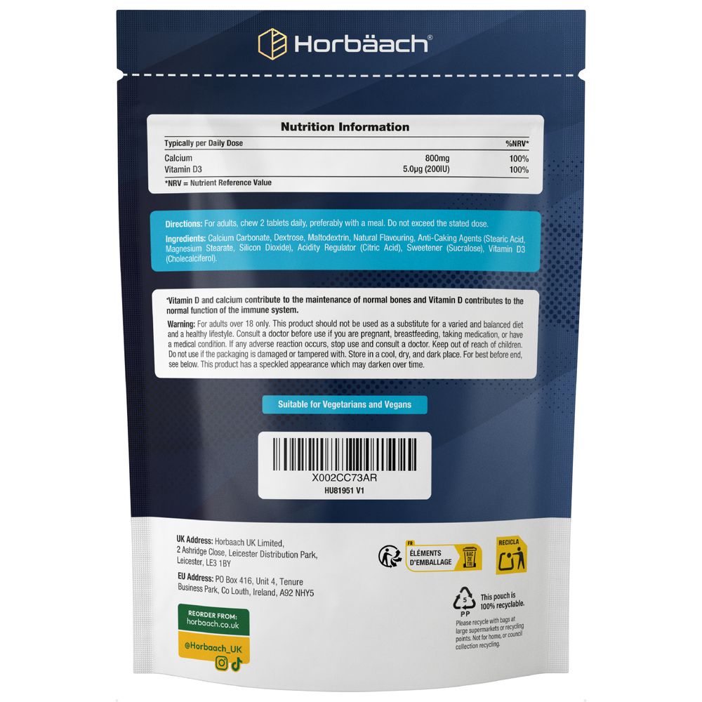 HU Calcium & Vitamin D3 120 Vegan Chewable Tablets pouch, back view showing nutrition facts and ingredients list.