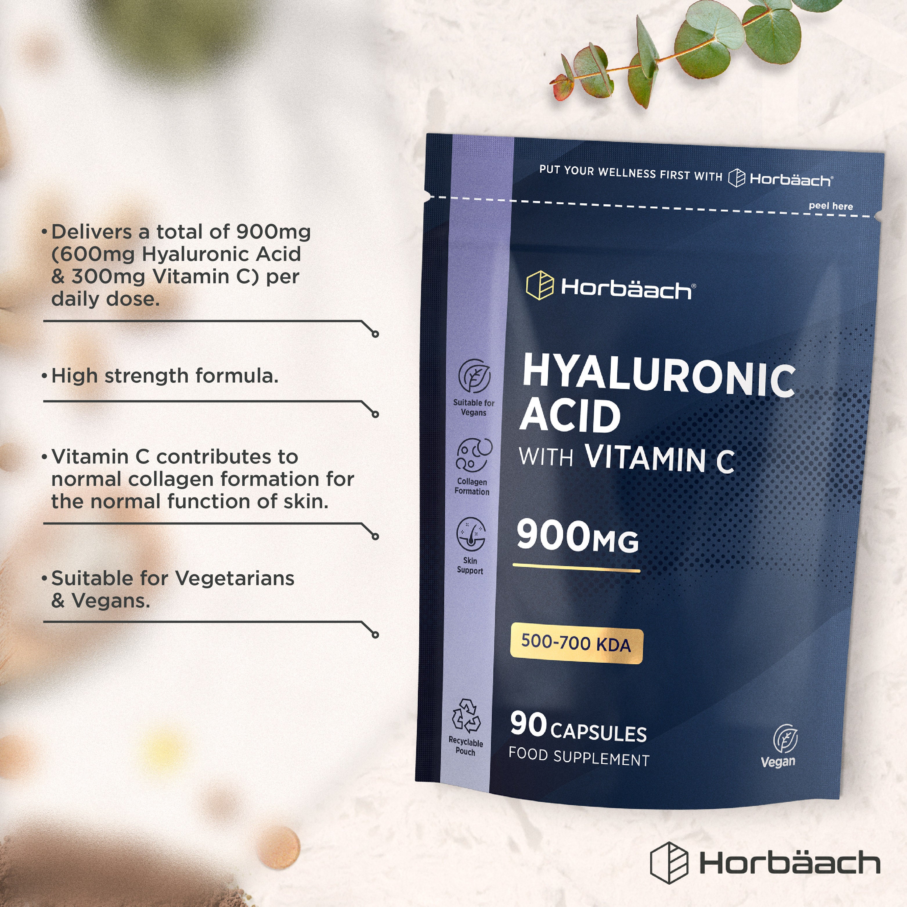 Horbäach Hyaluronic Acid with Vitamin C 900mg, 90 Vegan Capsules Food Supplement in a recyclable pouch.