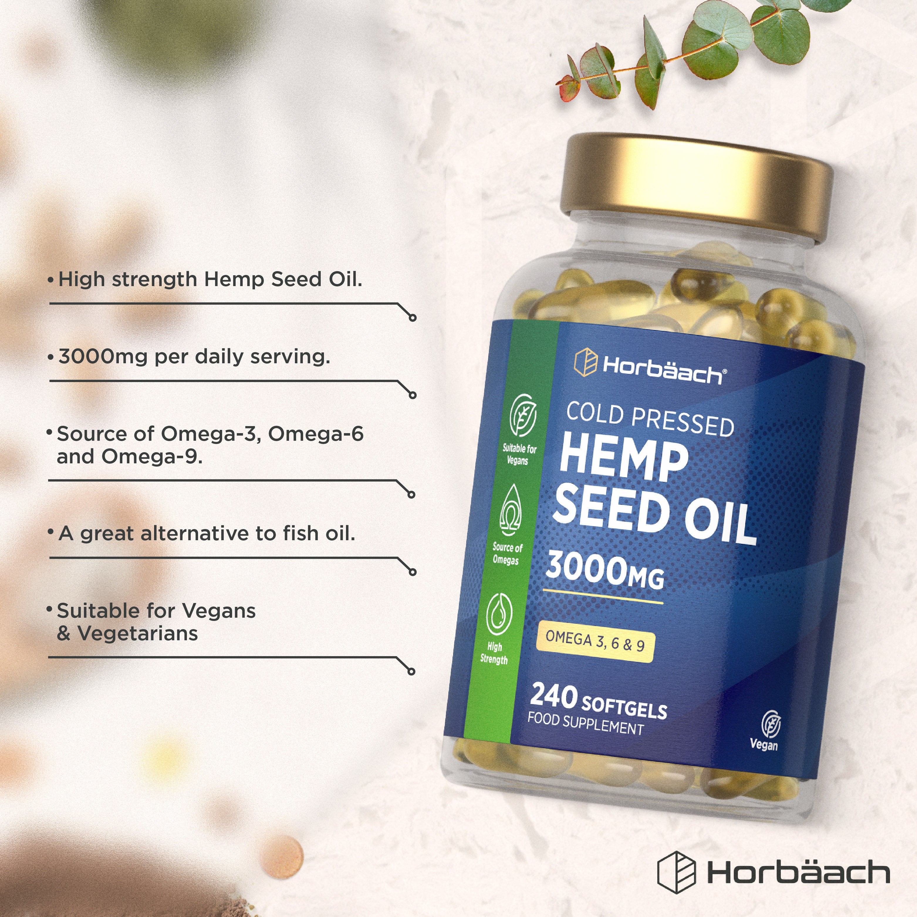 Horbäach Cold Pressed Hemp Seed Oil 3000mg, 240 Softgels, vegan supplement, rich in Omegas for high strength.