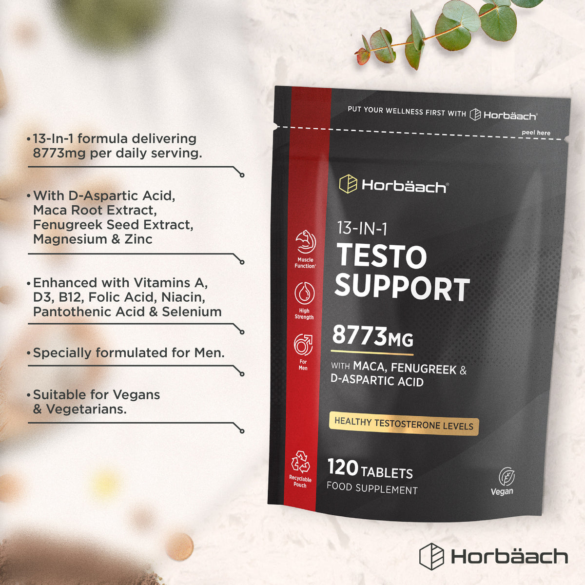 Horbäach 13-IN-1 Testo Support 8773MG includes Maca, Fenugreek, and D-Aspartic Acid, 120 Vegan Tablets.