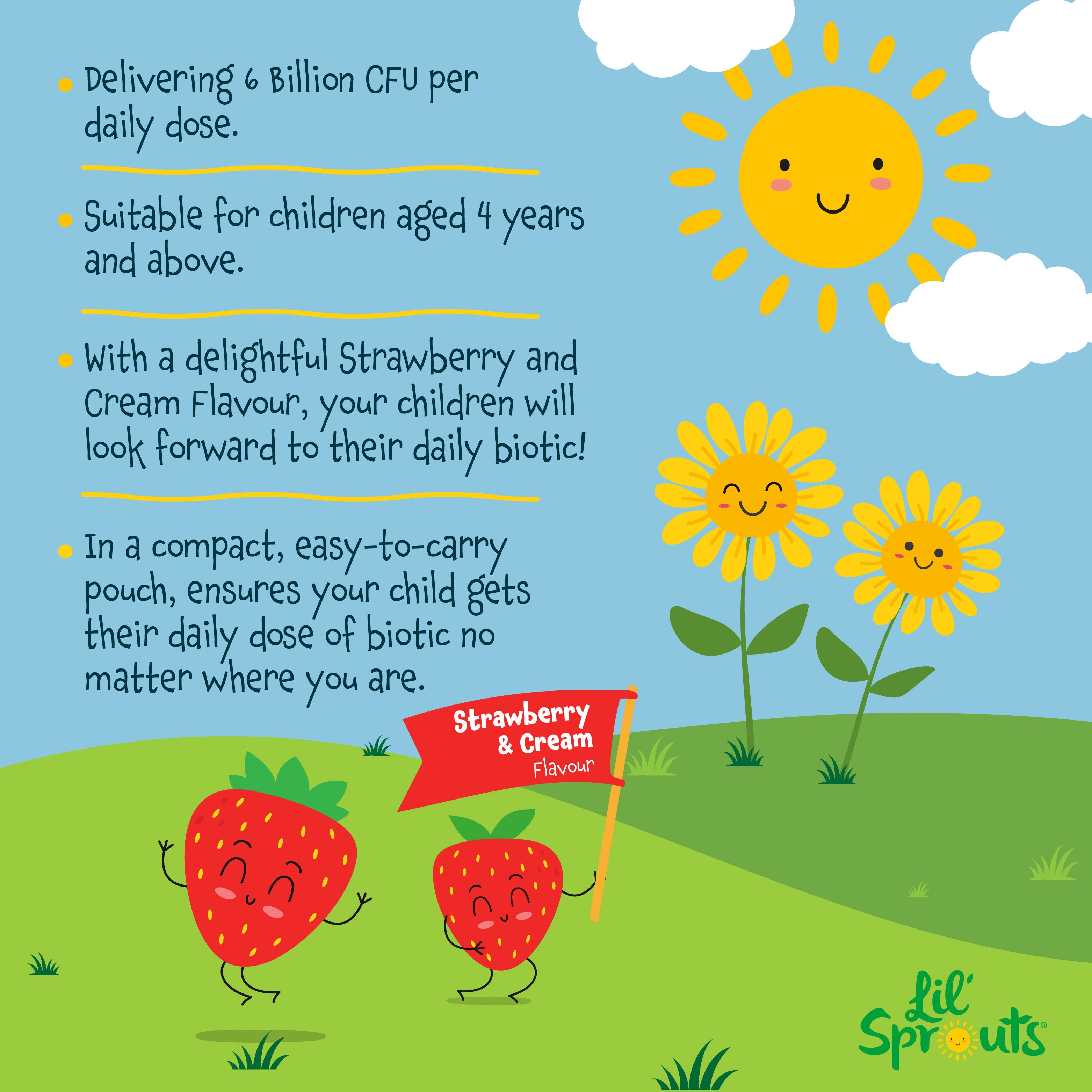 Product highlights graphic stating 6 Billion CFU daily, Ages 4+ years, Strawberry & Cream Flavour, Compact pouch for on-the-go daily biotic.