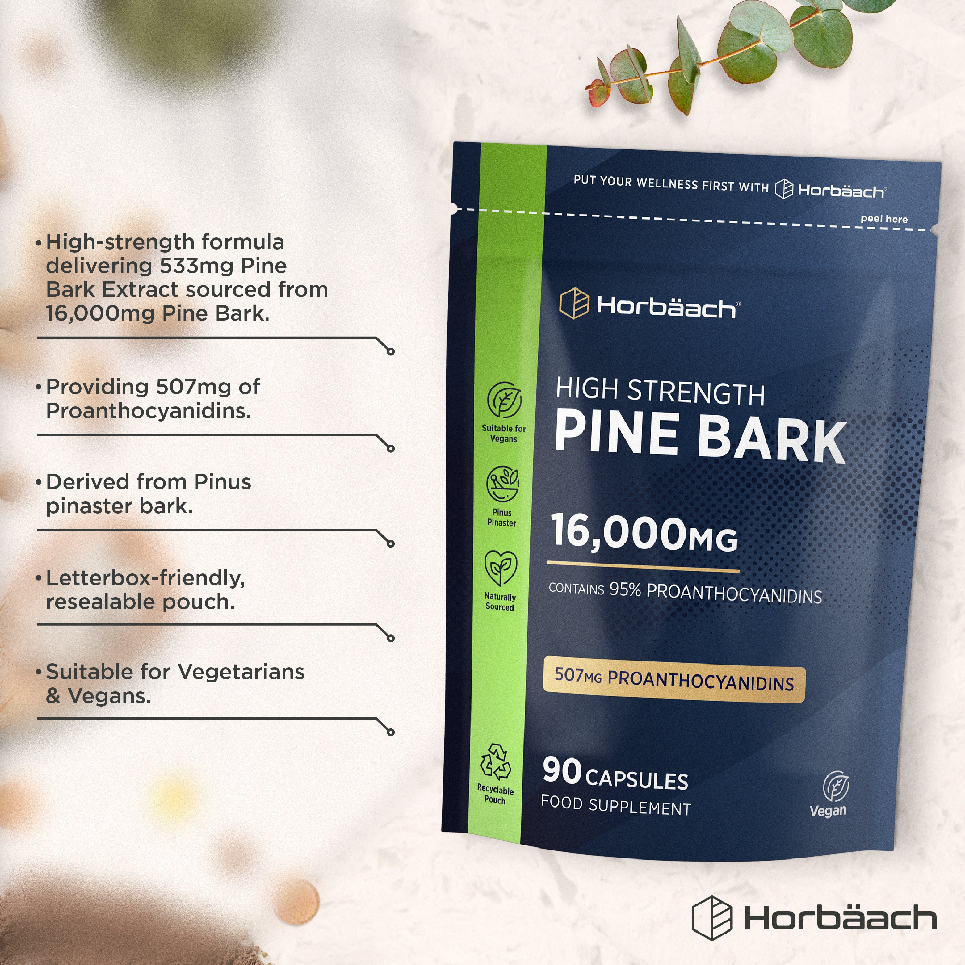 High Strength Pine Bark 16,000mg supplement with 90 capsules. Contains 95% Proanthocyanidins, providing 507mg Proanthocyanidins.