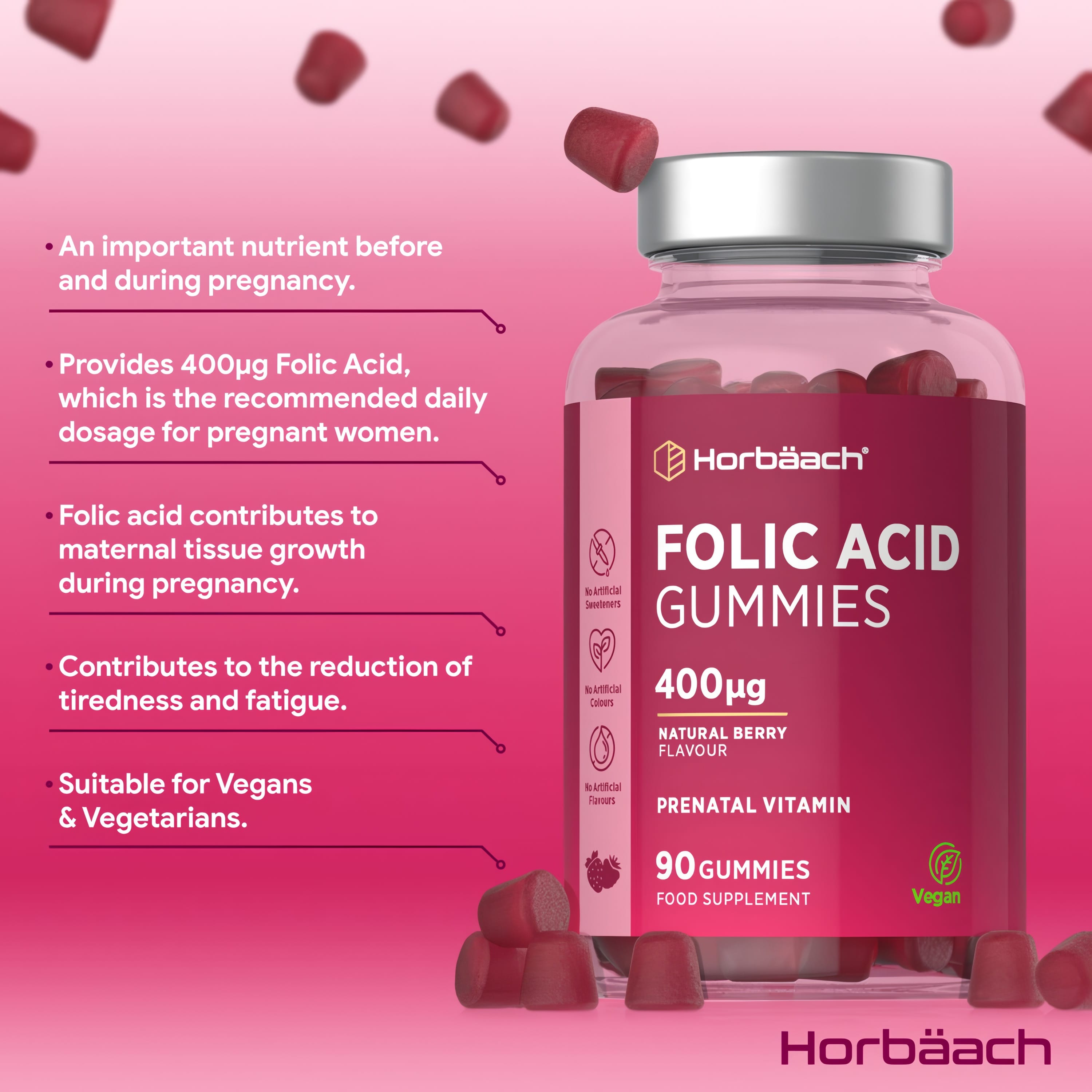Product highlights graphic stating: nutrient for pregnancy, 400µg Folic Acid, supports tissue growth, reduces tiredness, Vegan & Vegetarian.