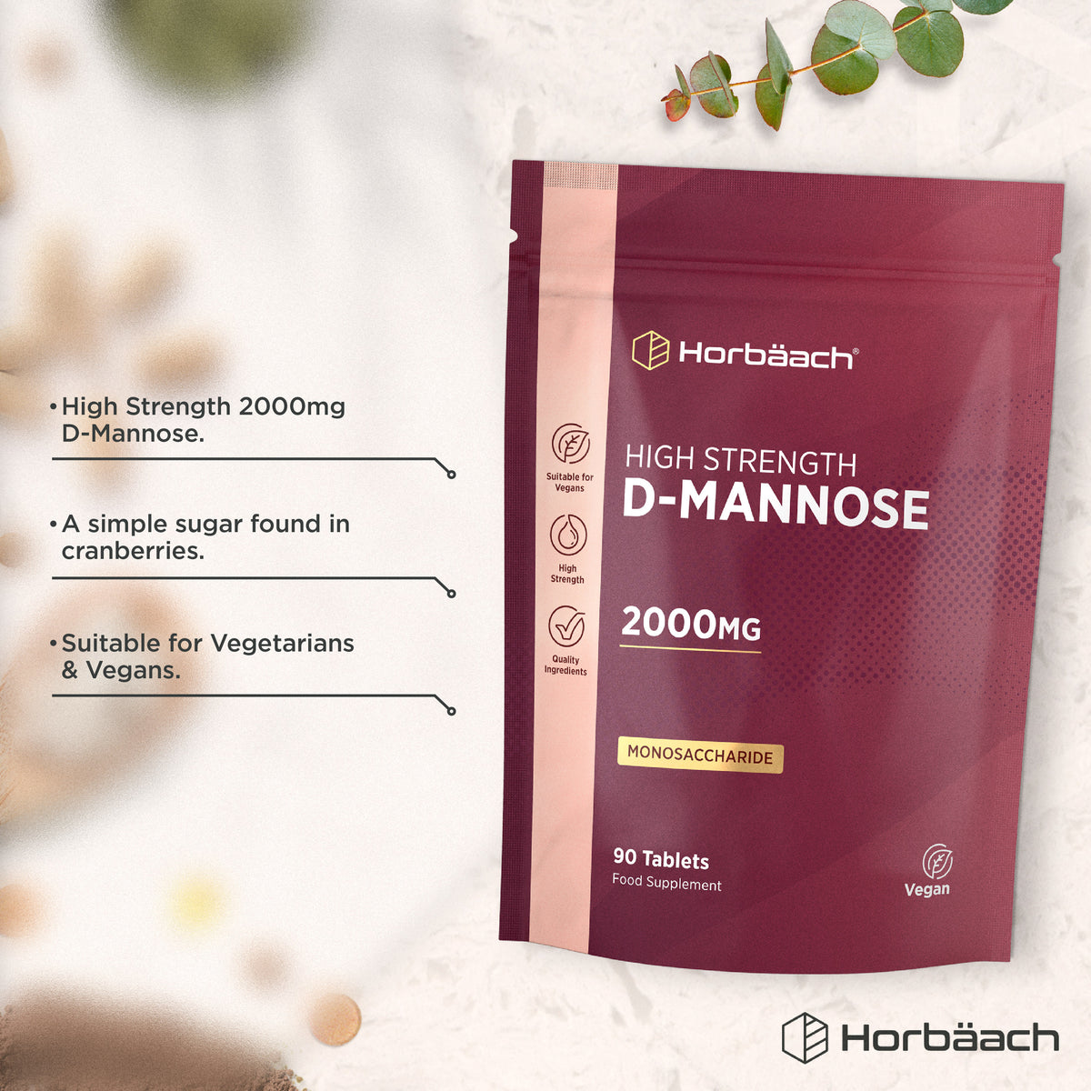 Product highlights graphic stating High Strength 2000mg D-Mannose, a simple sugar found in cranberries, suitable for vegetarians and vegans.
