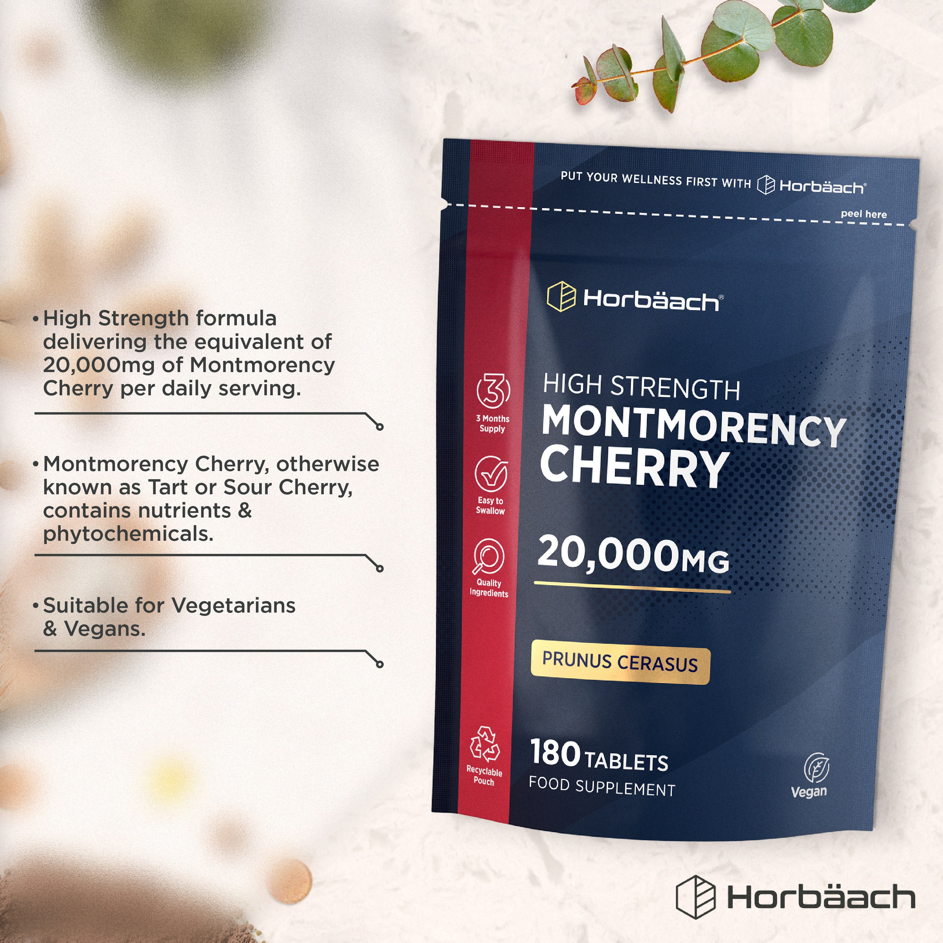 Montmorency Cherry 20,000mg 180 Tablets food supplement in a pouch.