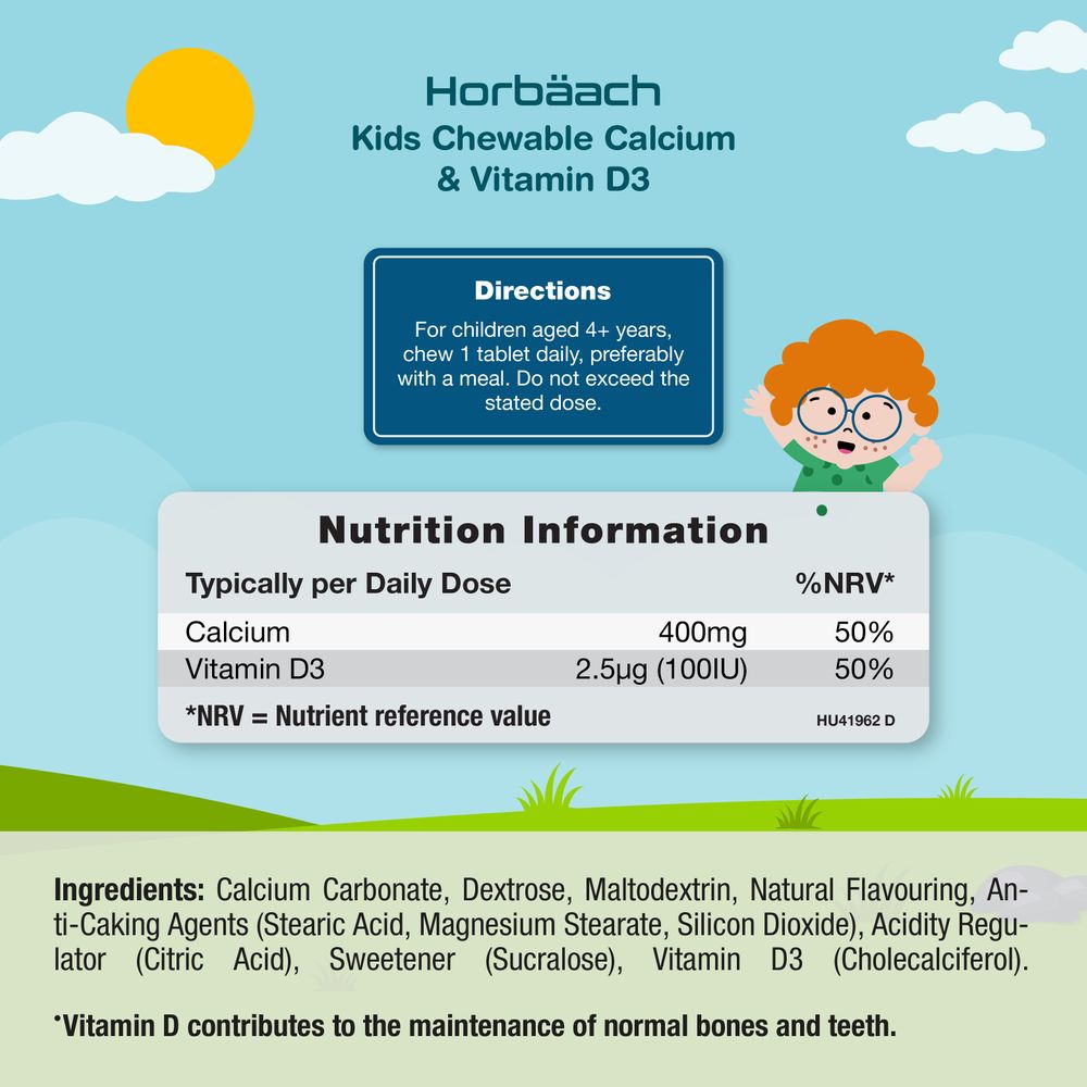 Calcium 400 mg and Vitamin D3 for Kids | 90 Chewable Tablets