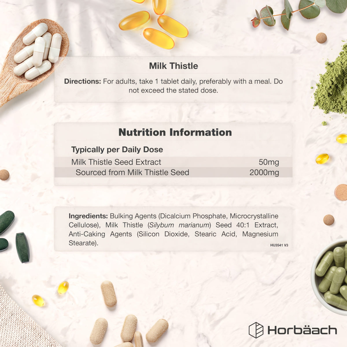 HU Milk Thistle 2000mg graphic with Directions, Nutrition Information, and Ingredients listed.