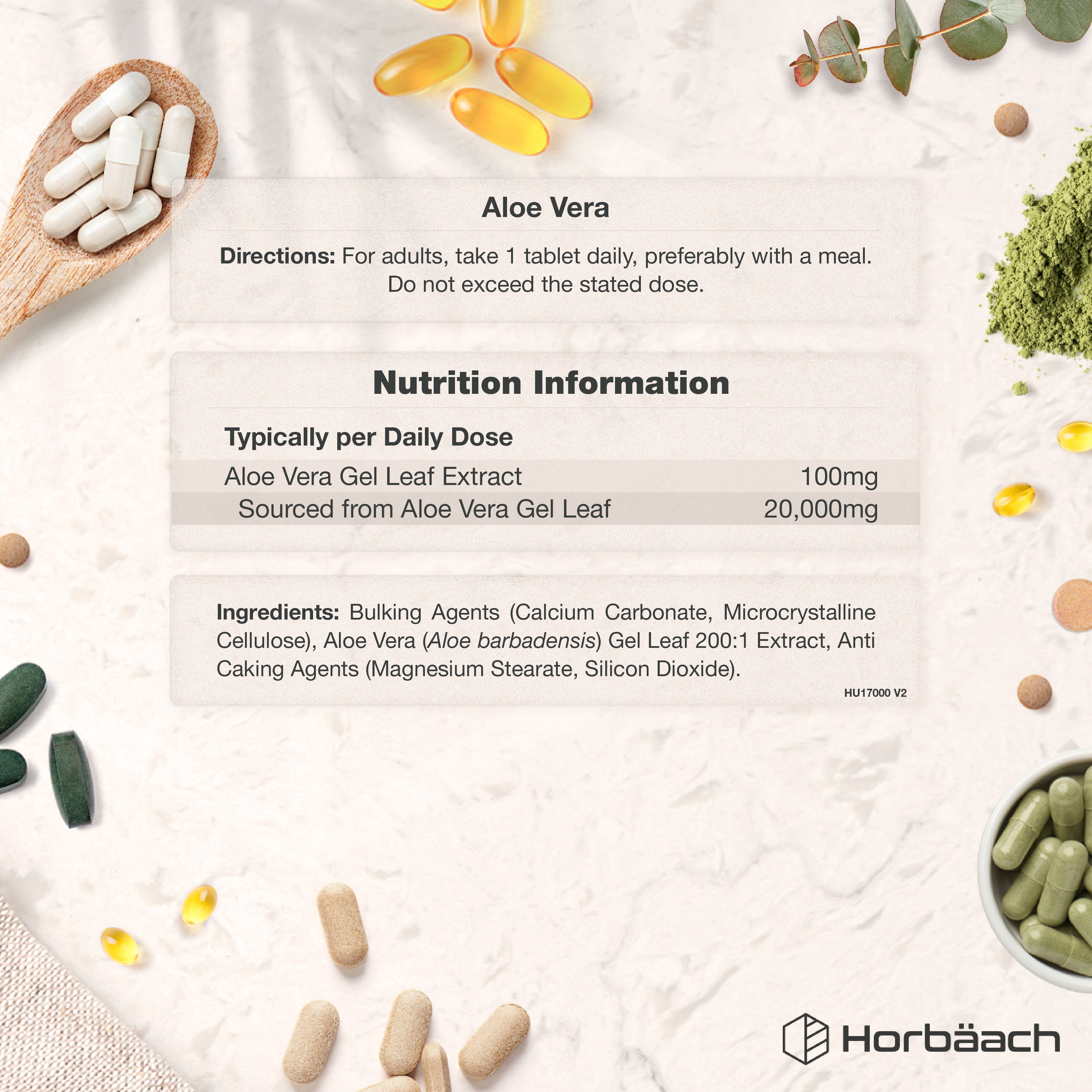 Aloe Vera supplement label with daily directions; 100mg Aloe Vera Gel Leaf Extract is equivalent to 20,000mg from Gel Leaf.