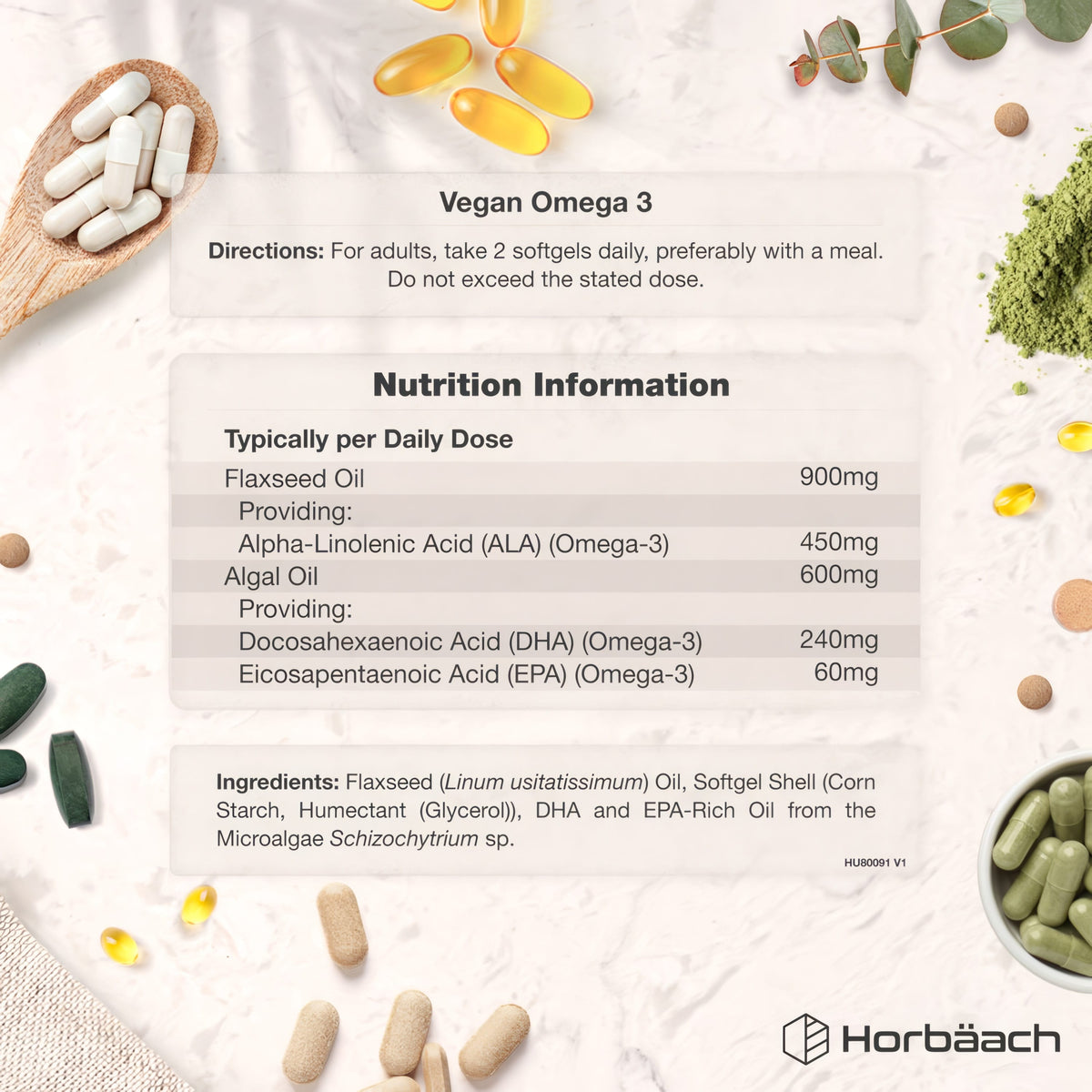 Supplement Facts for 1500mg Vegan Omega, 60 Vegan Softgels with dosage information.