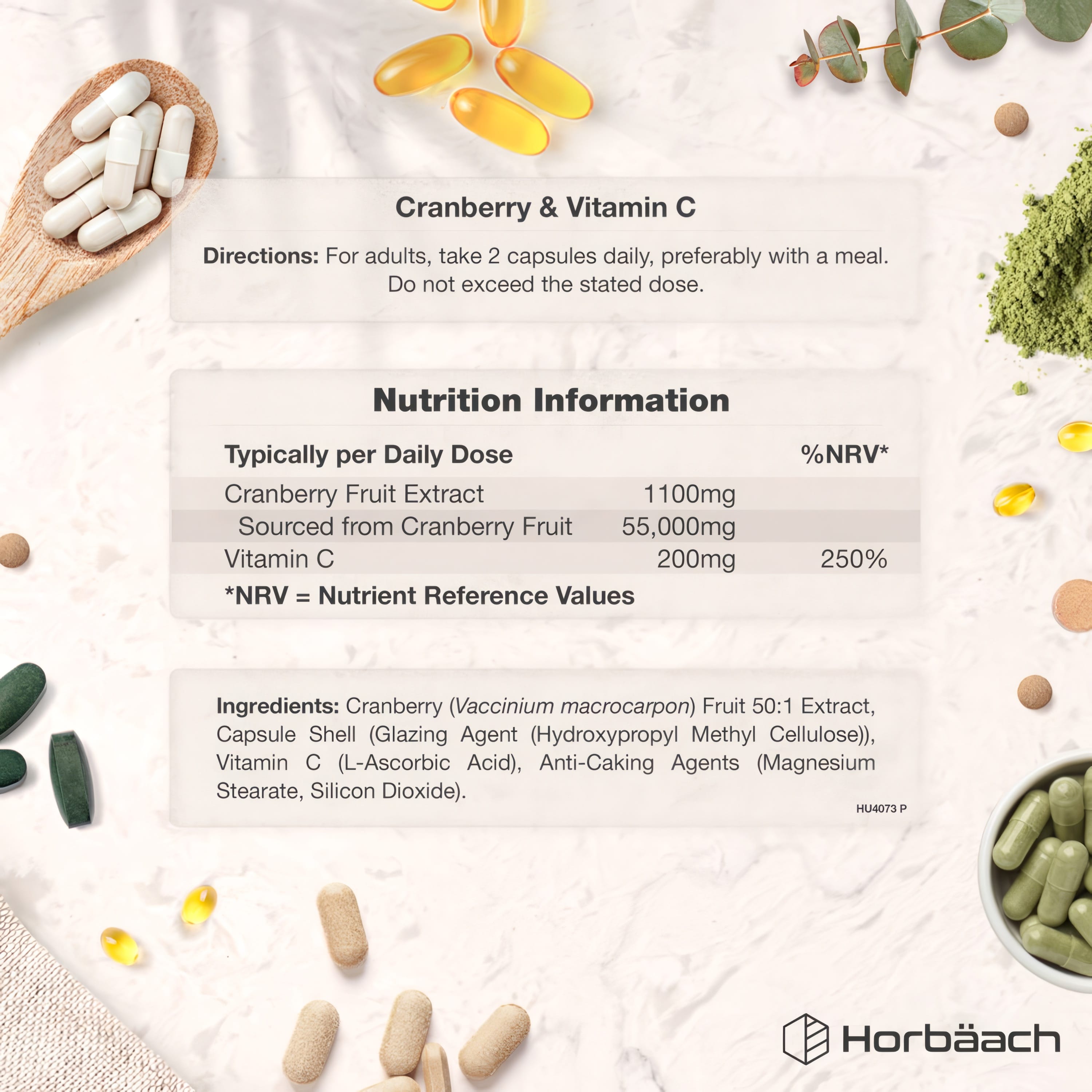 Supplement Facts for HU Cranberry Extract 55000mg, 180 capsules.