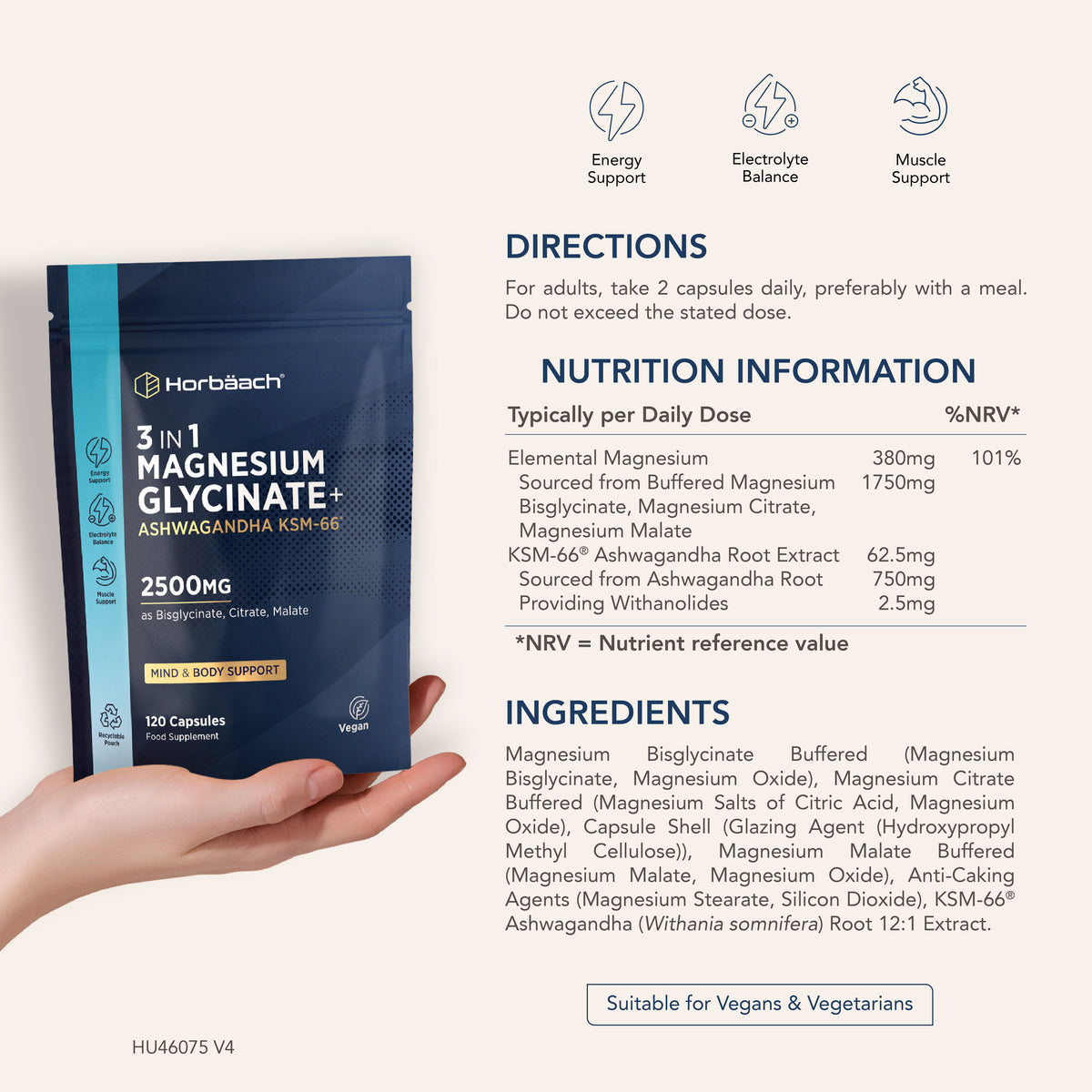 Horbäach Magnesium Glycinate+ Ashwagandha KSM-66 2500mg, 120 Capsules for energy, electrolyte, and muscle support. Vegan.