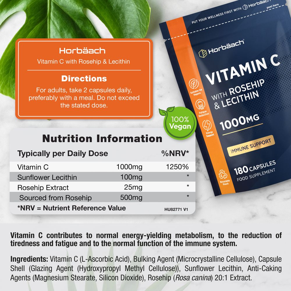 Vitamin C 1000 mg with Rosehip and Lecithin | 180 Capsules