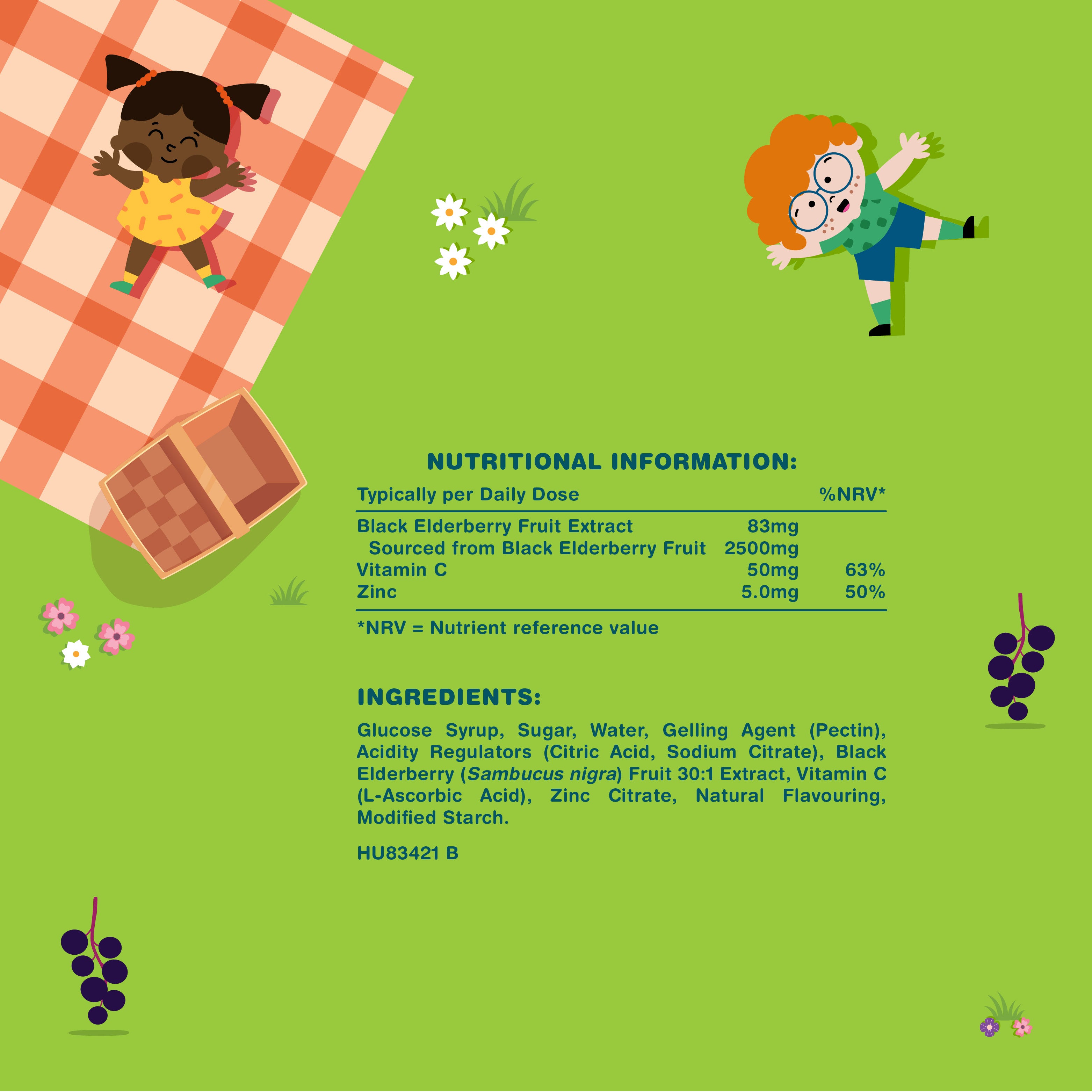 Graphic for Black Elderberry Complex for Kids with Nutritional Information & Ingredients, showing elderberries, Vitamin C, and Zinc.