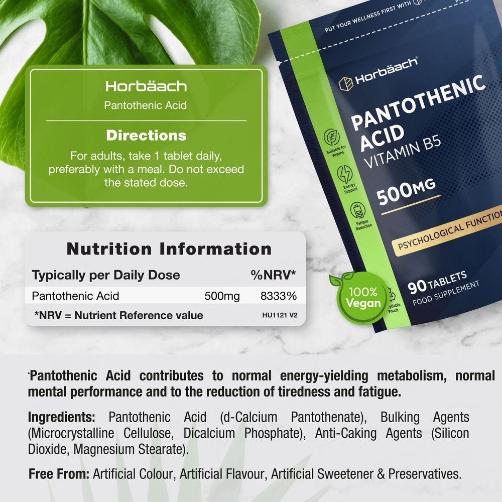 Vitamin B5 Pantothenic Acid 500 mg | 90 Tablets