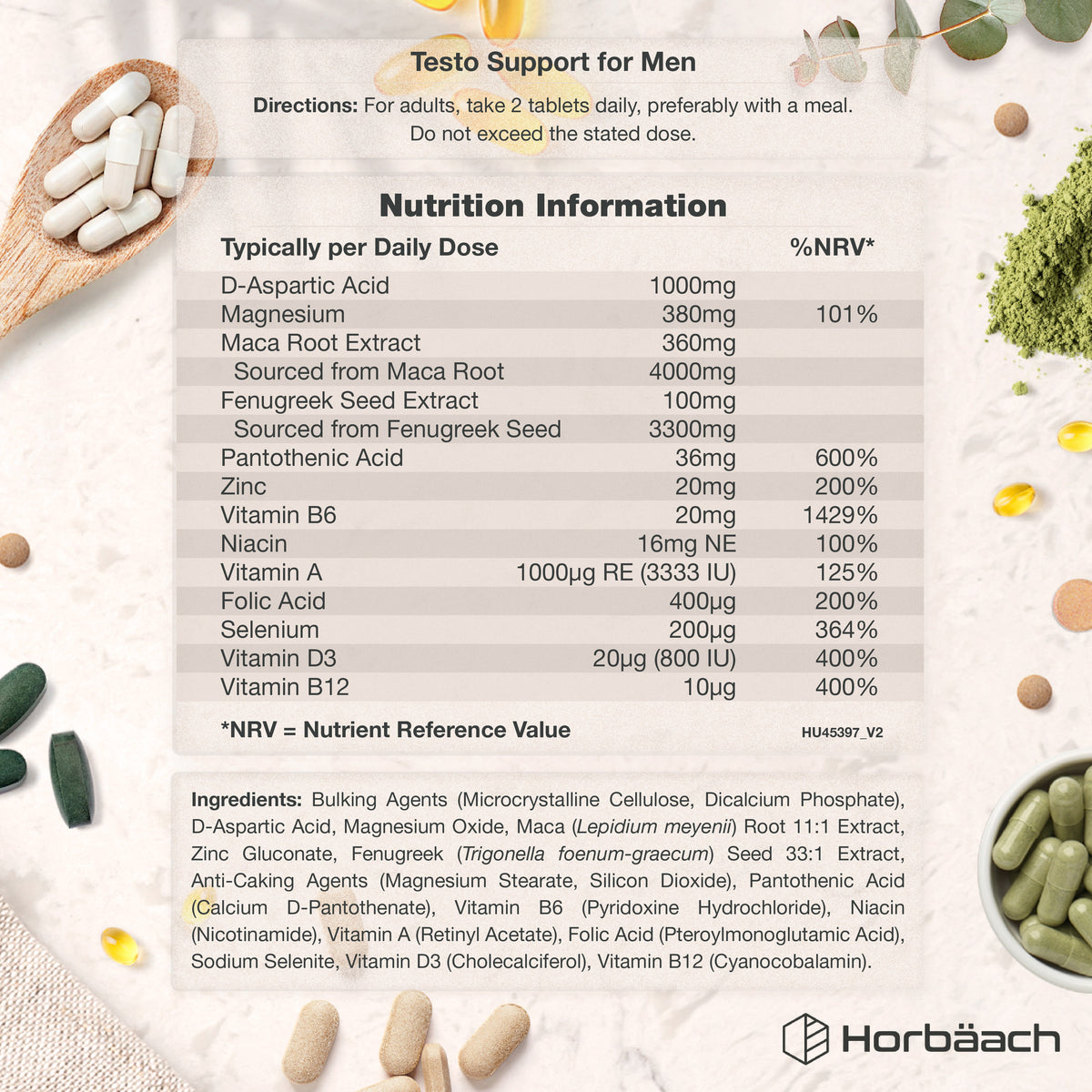 Supplement Facts panel displaying details for HU Men Hormone Support with 120 Vegan Tablets.