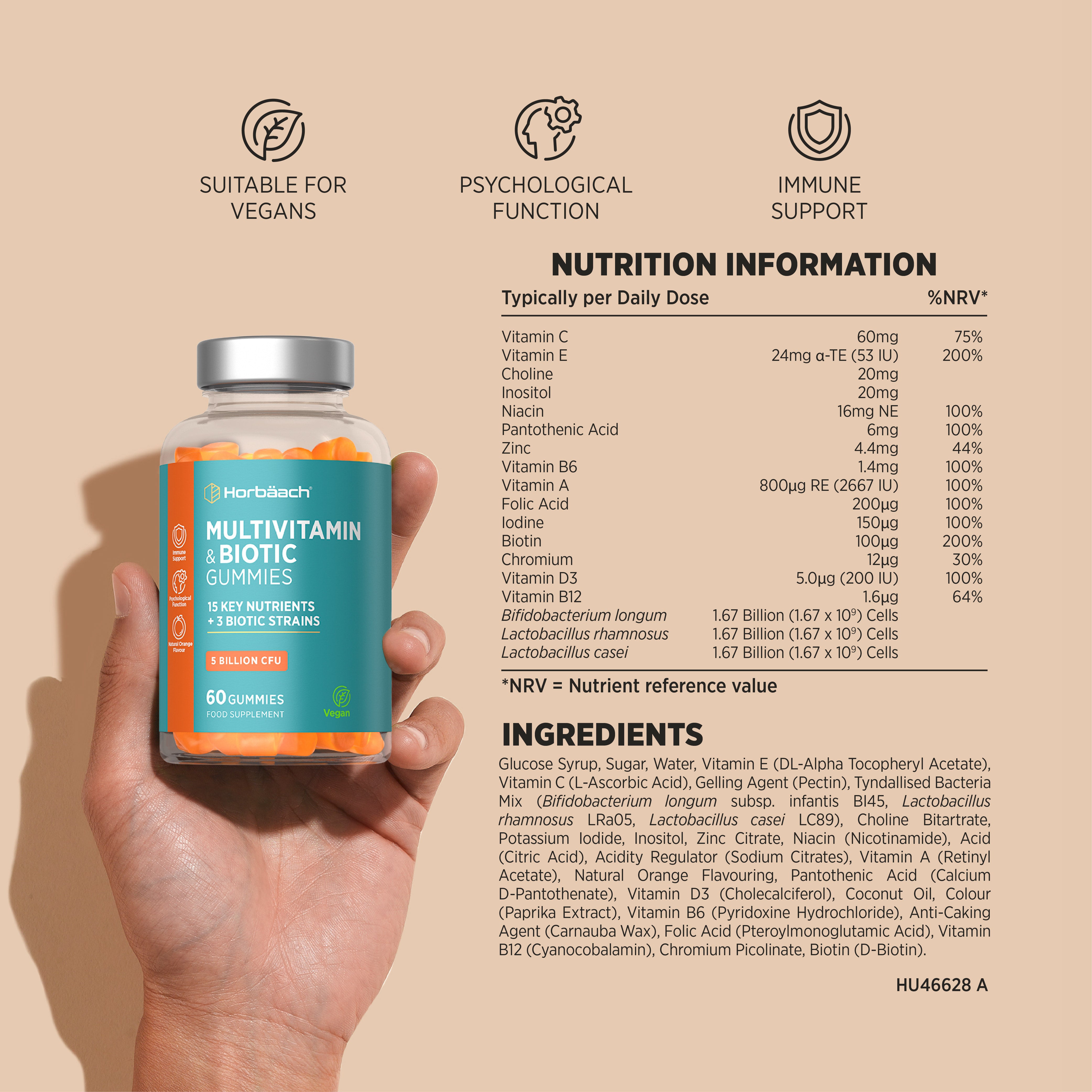 Horbäach Multivitamin & Biotic Vegan Gummies bottle with 15 key nutrients, 3 biotic strains, and 5 billion CFU.