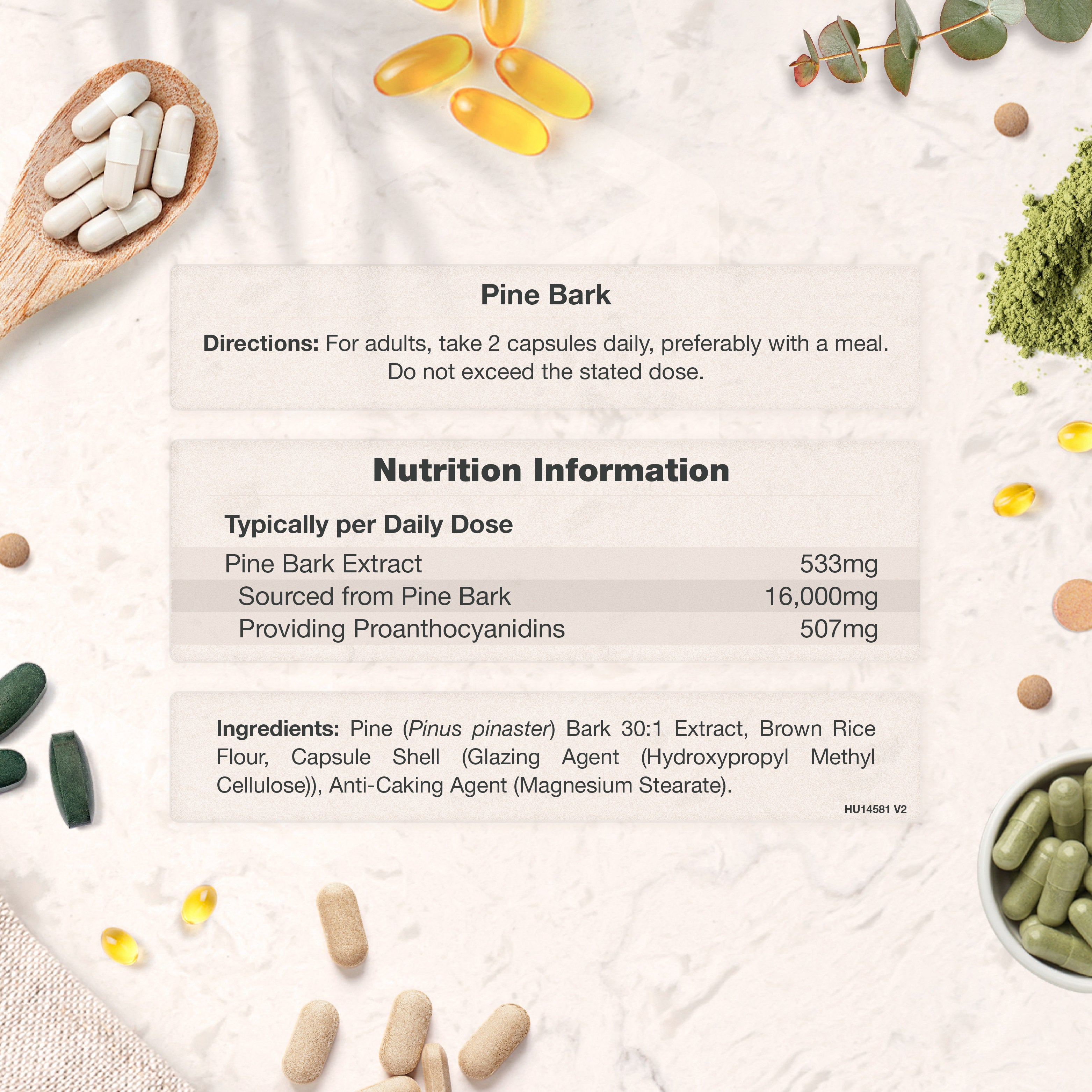 HU Pine Bark Extract 16000mg 90 Capsules. Packaging shows directions, nutrition facts, and ingredients clearly.