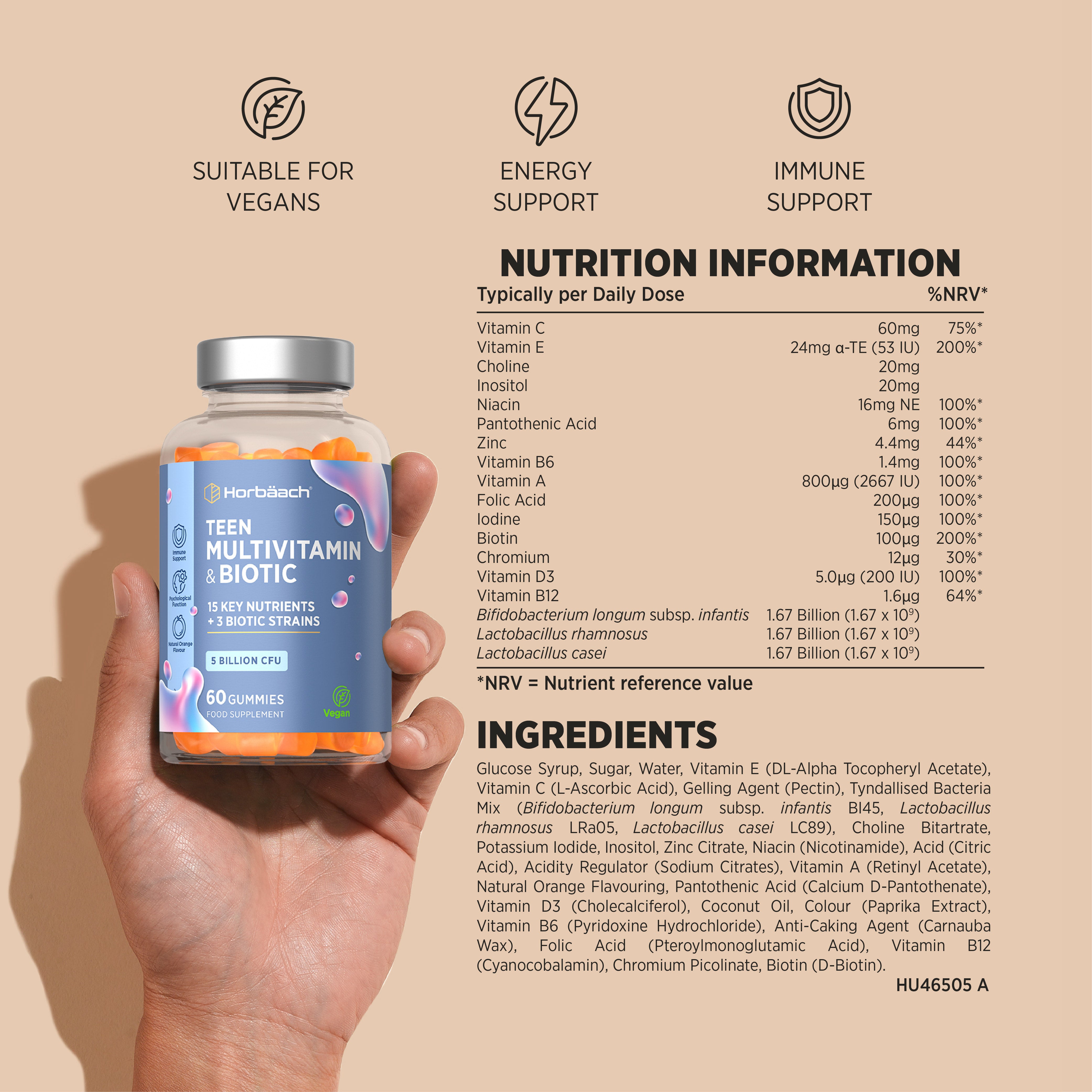 Teen Multivitamin & Biotic Gummies, 60 count. Features 5 Billion CFU. Vegan-friendly for energy and immune support.
