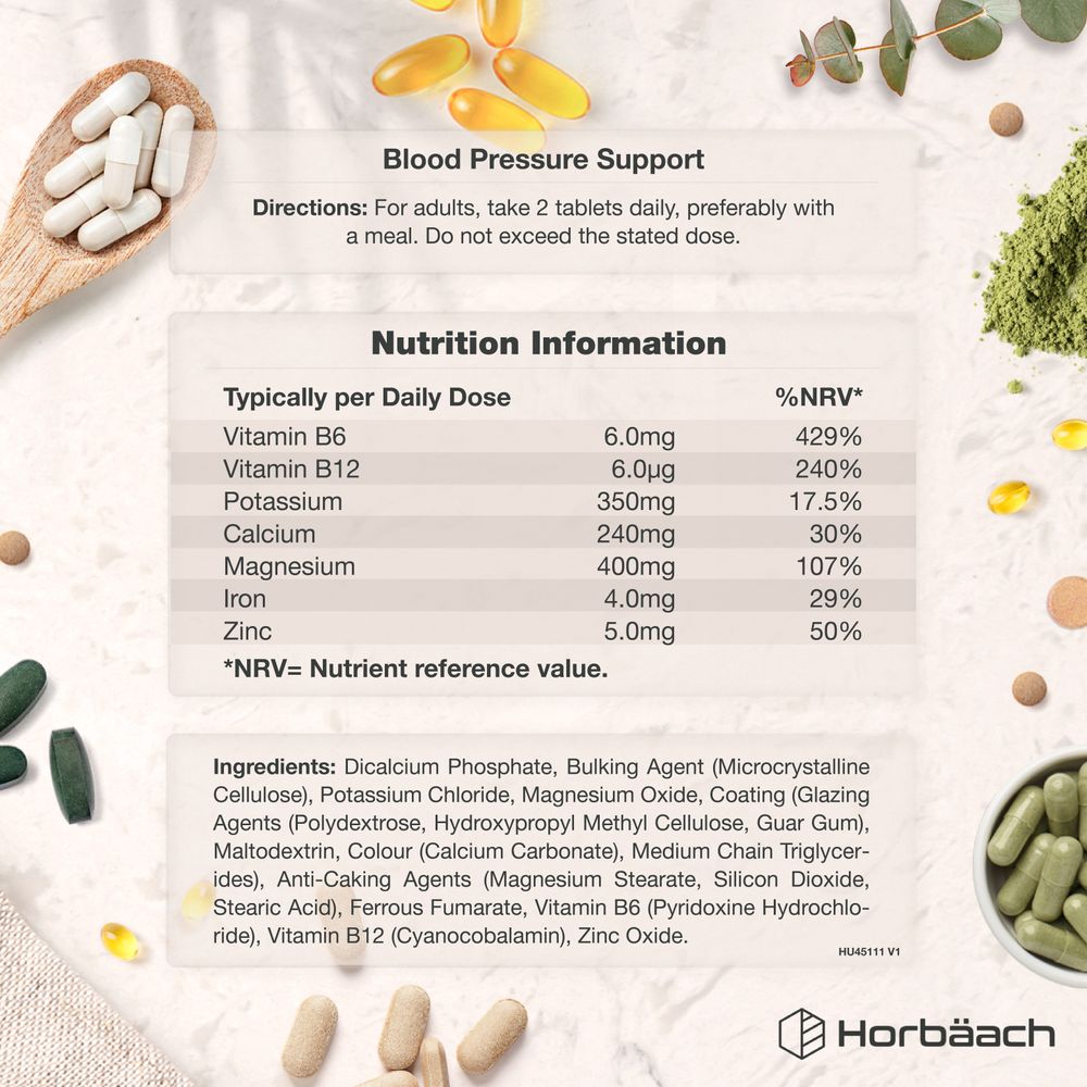 Supplement Facts label for HU Blood Pressure Support, containing 90 vegan tablets.