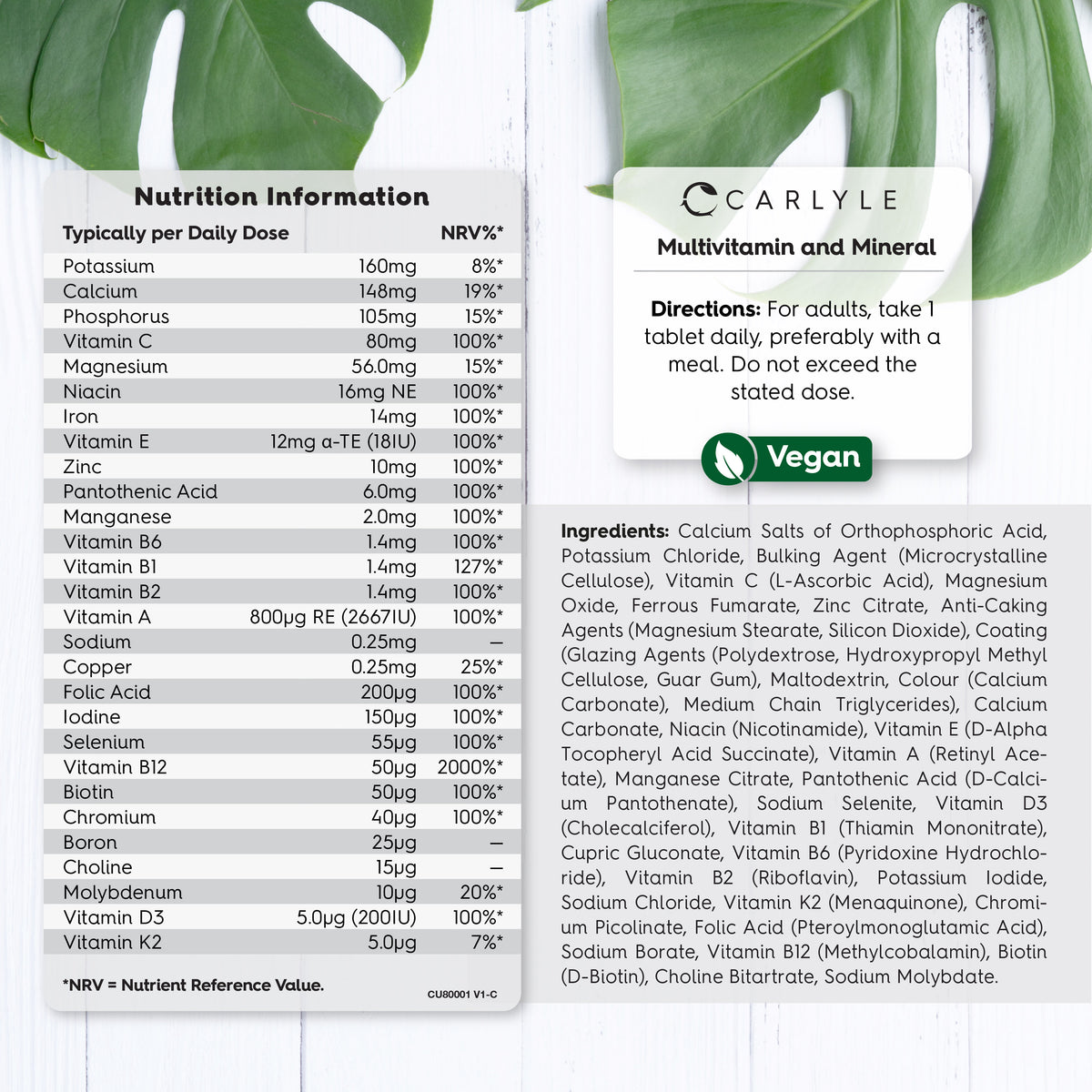 Supplement Facts panel for CU Multivitamin & Mineral 365 Vegan Tablets showing ingredients and nutritional information.