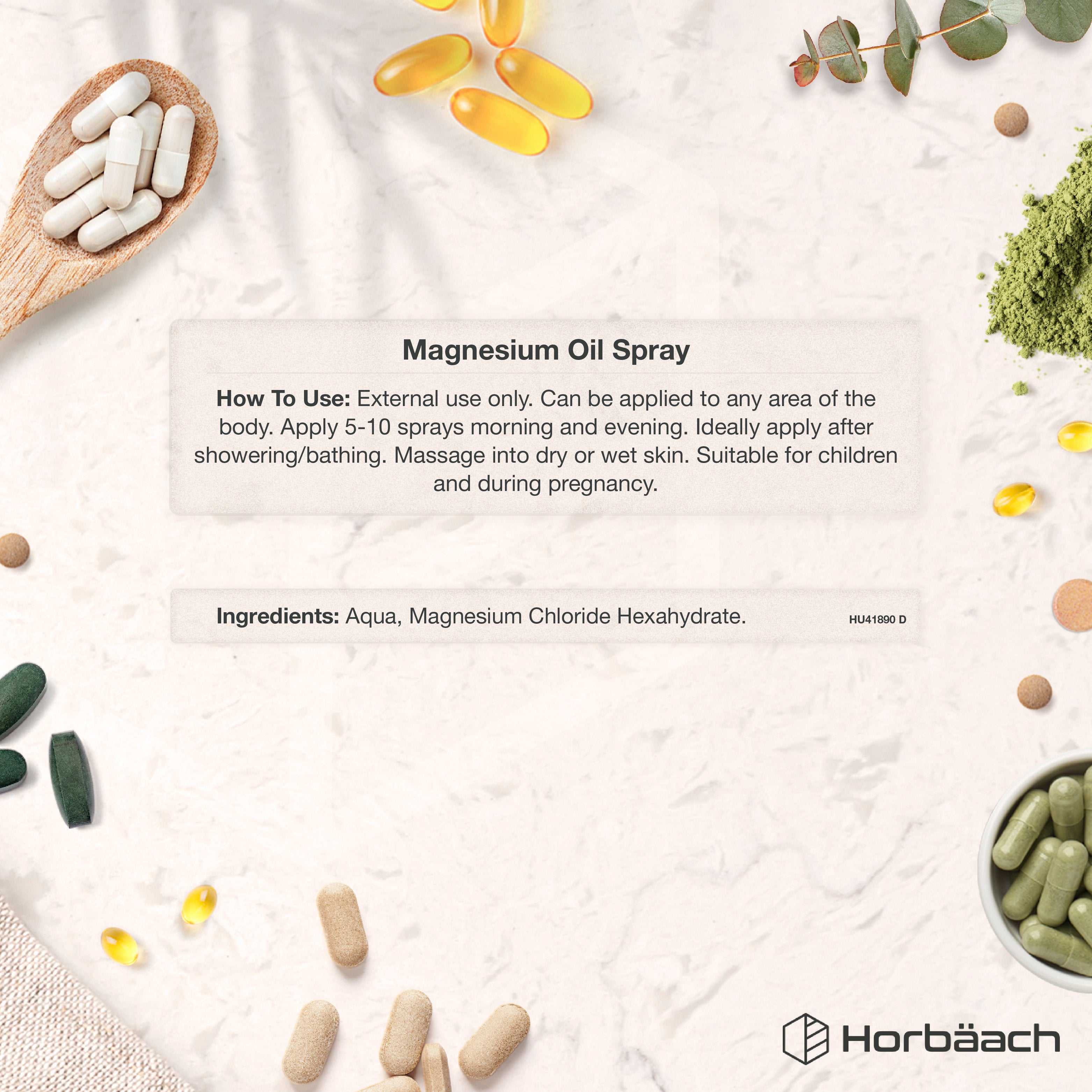 Magnesium Oil Spray graphic with usage instructions and ingredients: Aqua, Magnesium Chloride Hexahydrate.