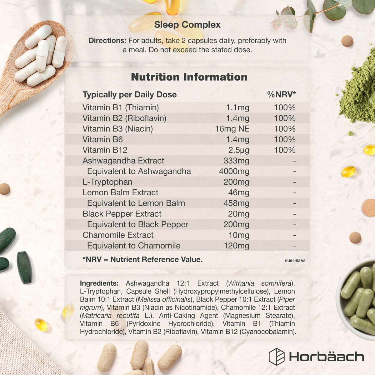 Label showing Supplement Facts for HU Sleep Complex 5000mg with 60 Vegan Capsules.