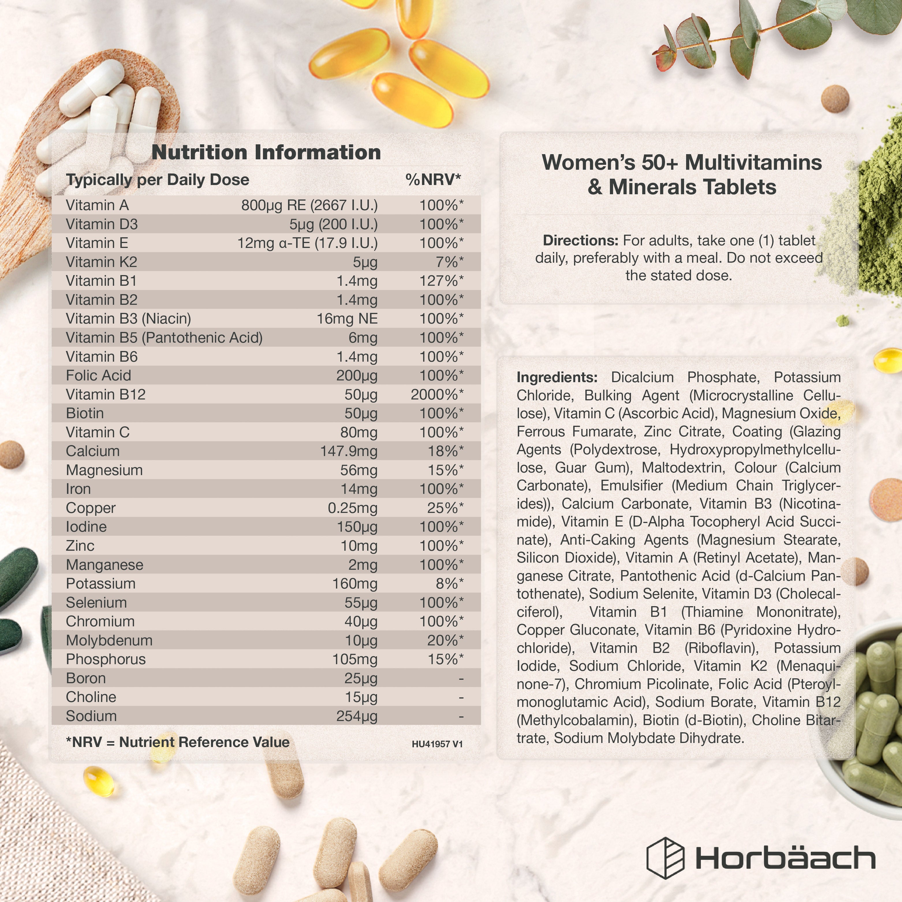 Label of Women's 50+ Multivitamins & Minerals Tablets by Horbaach, showing directions, ingredients, and nutrition facts.