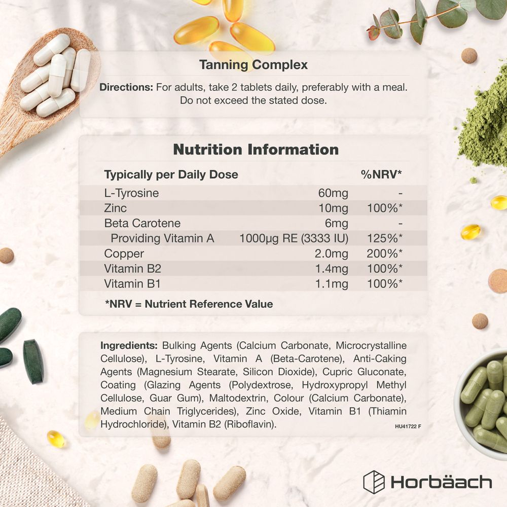 Multiple white oval Tanning Complex tablets shown with a Nutrition Information panel detailing a 2-tablet daily dose.